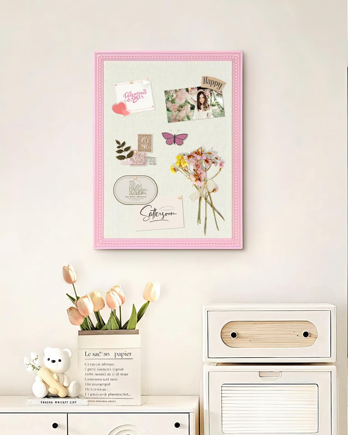 Framed Linen Bulletin Board - 18 x 24 inches Fabric Organizer Pinboard for Wall, Picture Display Vision Board, Cutecore Room Decor - Natural Linen with Pink Frame