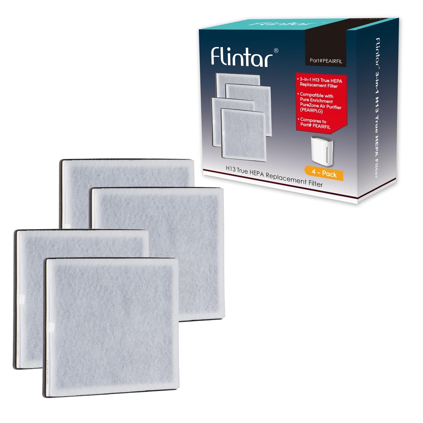 Flintar Replacement Filter, Compatible with Pure Enrichment PureZone Air Purifier PEAIRPLG, High Efficiency H13 grade 3-in-1 Filter, PEAIRFIL, 4-Pack