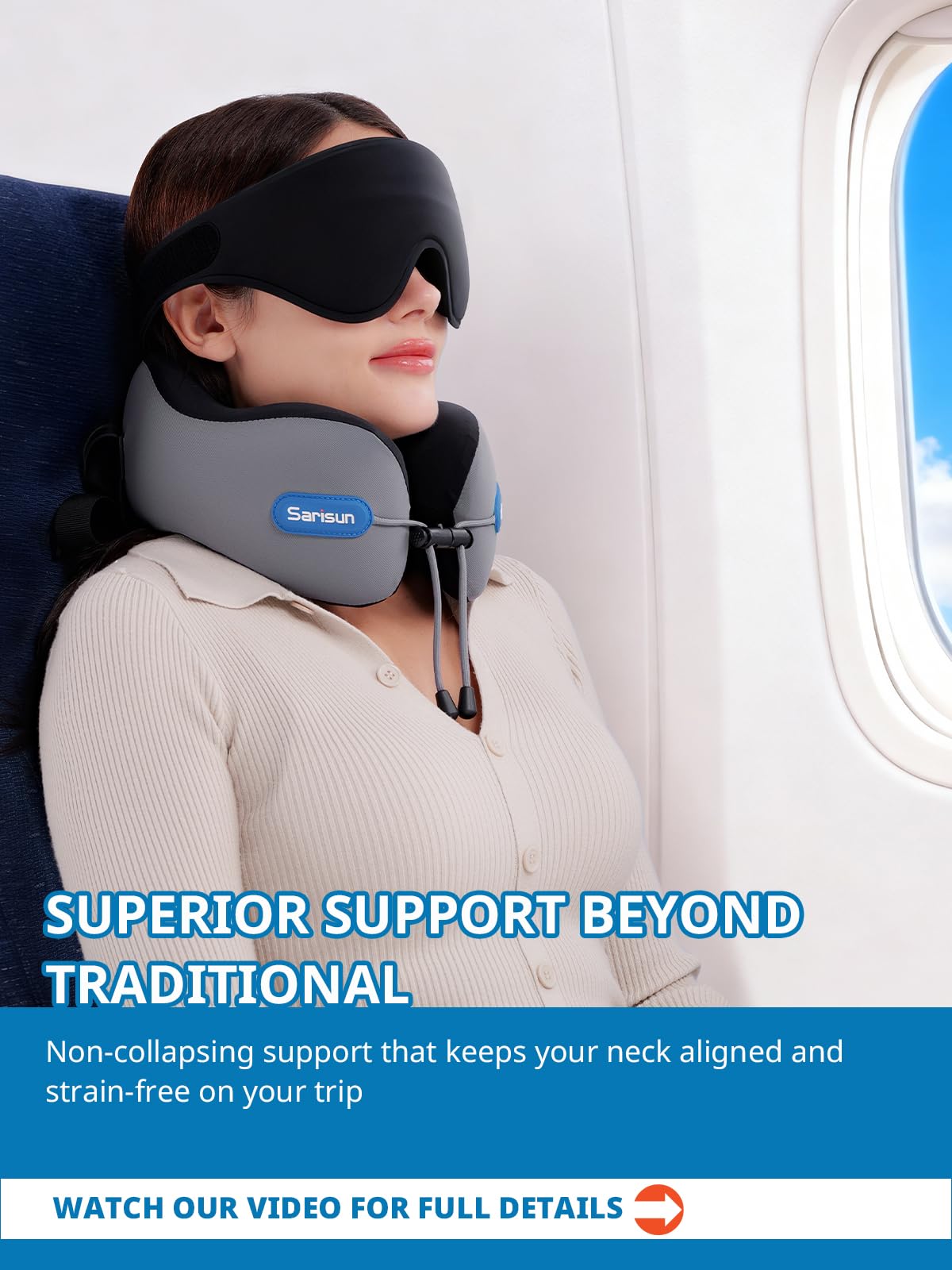 SARISUN Neck Pillow Airplane,Travel Pillow with Strap,Combo 3D Eye Mask for Sleep,Dual-Density Supportive Foam Travel Neck Pillow for Airplane Flights,Car Road Trip Travel Essentials Black