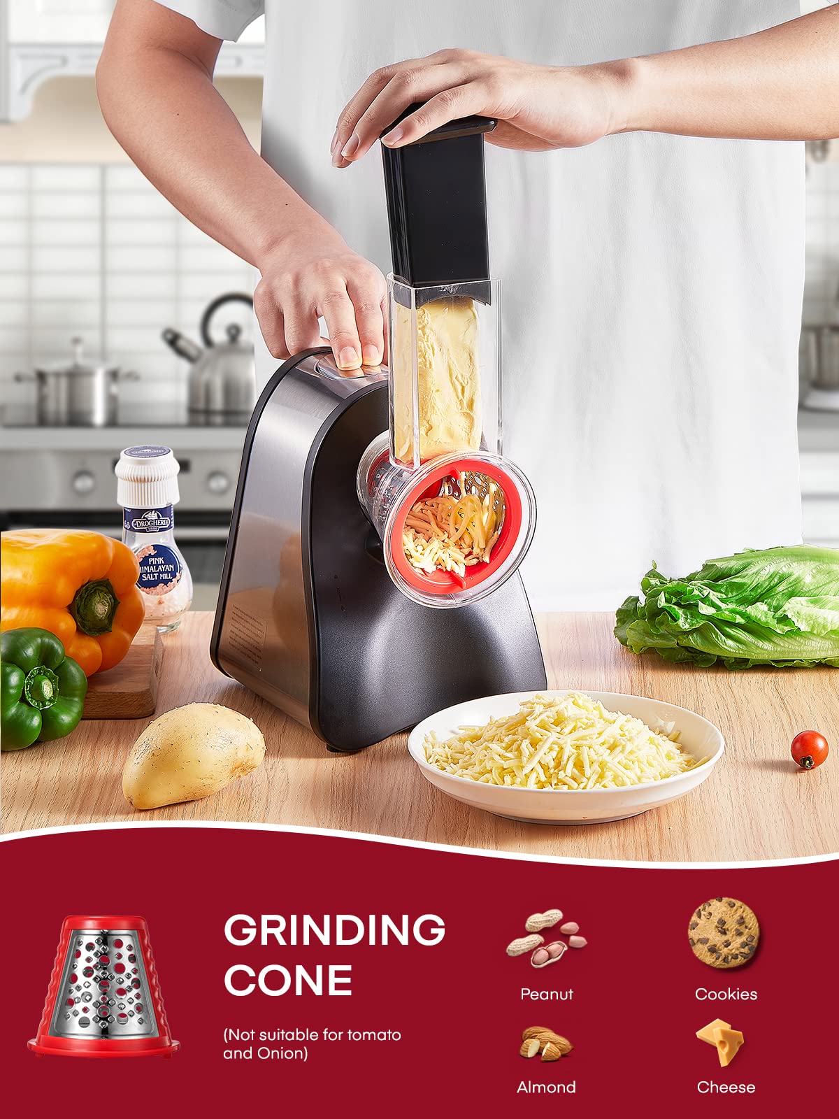 FOHERE Electric Cheese Grater Salad Maker, Electric Slicer Shredder for Home Kitchen Use, One-Touch Easy Control, Electric Grater for Vegetables, Cheeses and Nuts, BPA-Free, Red