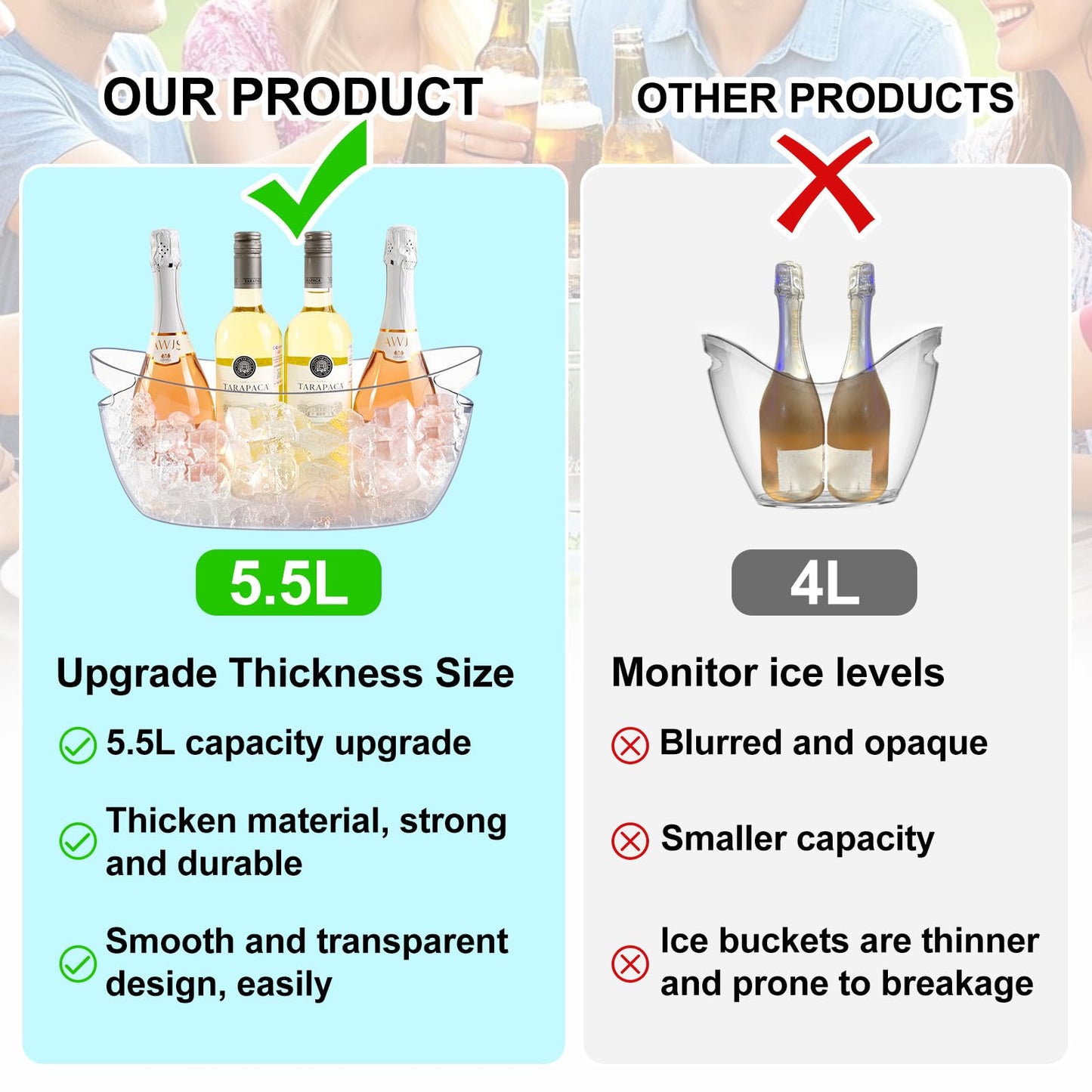 Ice Buckets for Parties 2 Packs,Ice Bucket with Scoops&Metal Wine Bottle Opener,Clear Acrylic Ice Champagne Buckets Tub for Parties,Mimosa Bar Supplies,Beer,Beverage&Drinks 5.5L (16.53 x 7.3 x 6.8in)