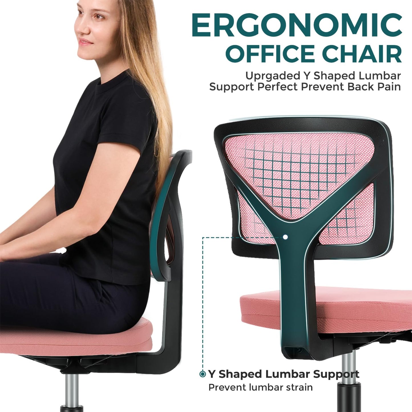 DUMOS Small Office Chair Armless, Ergonomic Adjustable Home Office Swivel Rolling Task Chair No Arms, Comfy Mesh Mid Back Computer Work Vanity Desk Chiars with Wheels for Small Spaces, Hot Pink