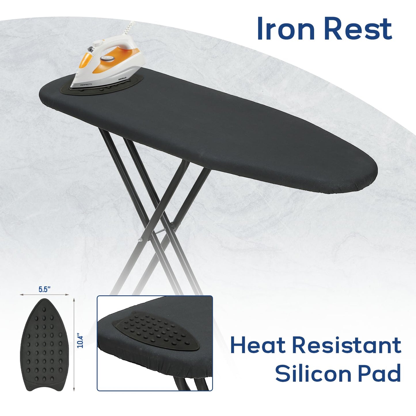 Ironing Board 43x13 with Iron Rest, RAINHOL Compact Iron Board Full Size with Thick Cover and Pad, Easy Storage Hanger with Heat-Resistant Silicone Pad, Space Saving and Height Adjustable, Black