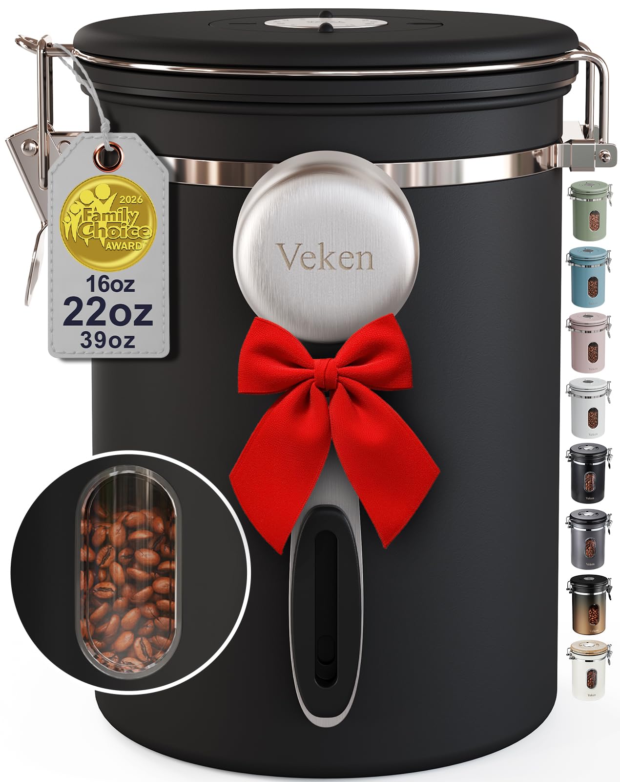 Veken Coffee Canister with Window,Airtight Stainless Steel Pantry Container,Kitchen Food Storage Organizers for Beans,Ground,Espresso,Rice,Tea,Sugar, Cereal, Bar Accessories,Gifts,Lids,Jars,22OZ,Black