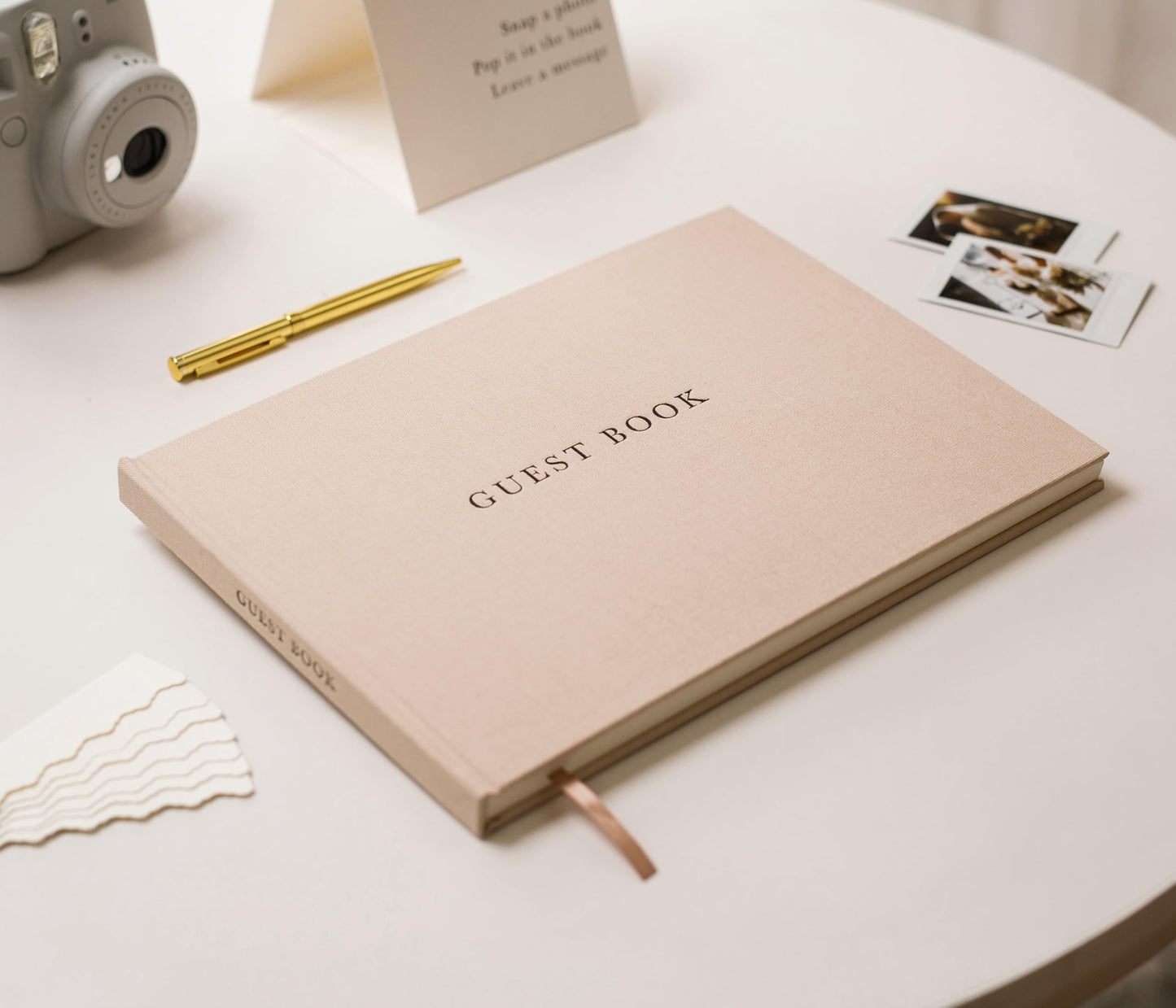 Modern Album Designs Real Linen Guest Book Set - 11.5 x 8.5 Embossed Guestbook for Weddings, Showers, Events, Blank & Lined, Comes with Sign, Pen, Box and Photo Sleeves, 120 Pages (Oatmeal)