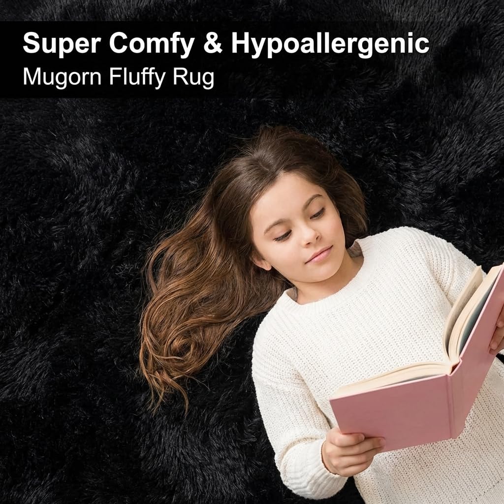 Mugorn 8x10 Area Rugs for Living Room, Large Fluffy Black Rugs for Bedroom, Soft Carpet Shag Kids Room Rug, Non-Slip Fuzzy Rugs Indoor (8ft x 10ft, Black)