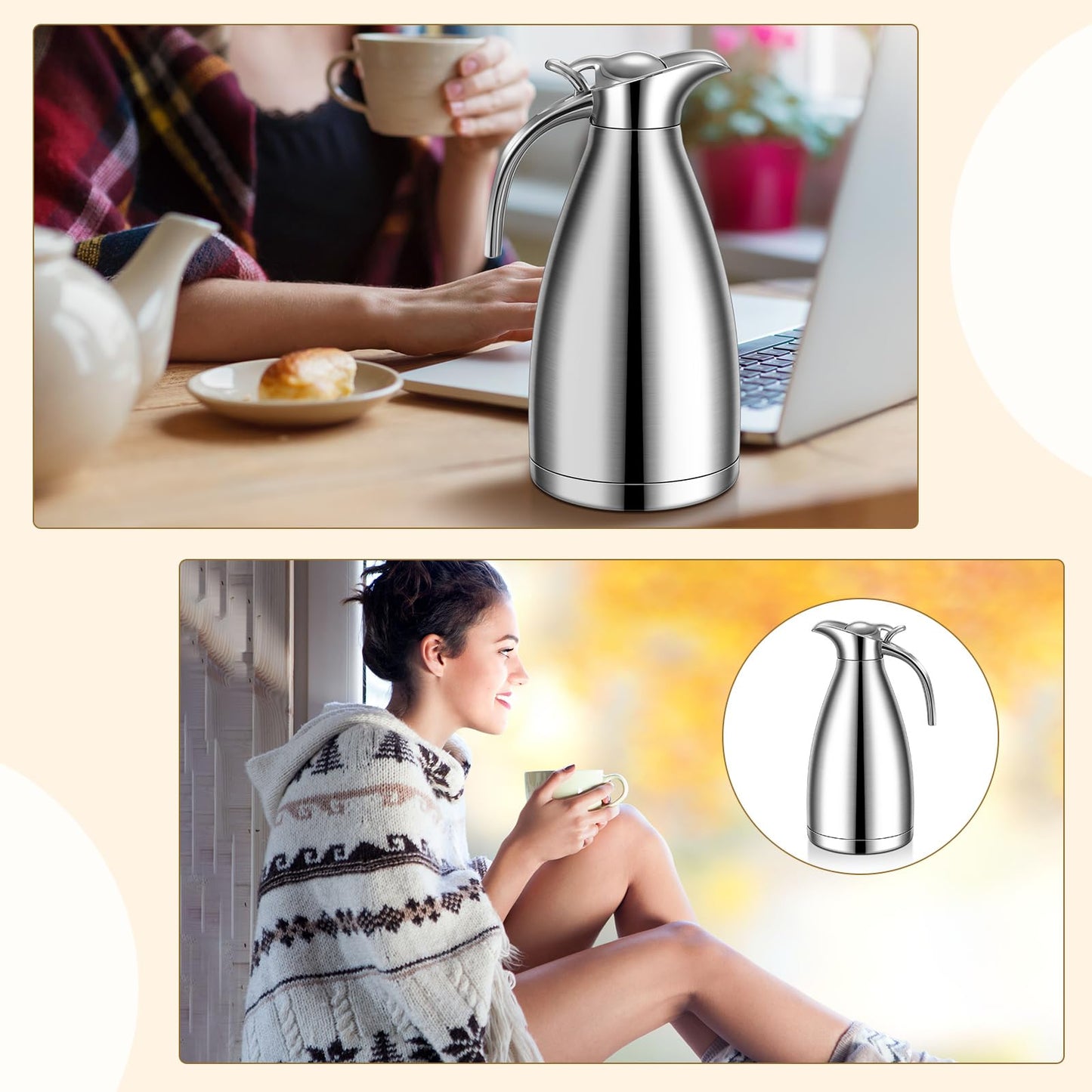 Uiifan 2 Pcs 68 oz Thermal Coffee Carafe Insulated Stainless Steel Coffee Carafe for Hot Liquids Vacuum Thermal Pot Creamer Dispenser with Brushes Keeping Hot Tea Milk Water(Silver)