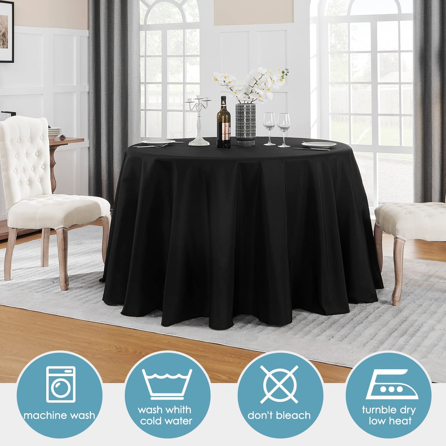 VidaFete 6 Pack 120inch Round Tablecloth Polyester Table Cloth, Stain Resistant and Wrinkle Polyester Dining Table Cover for Kitchen Dinning Party Wedding Round Tabletop Buffet Decoration(Black)