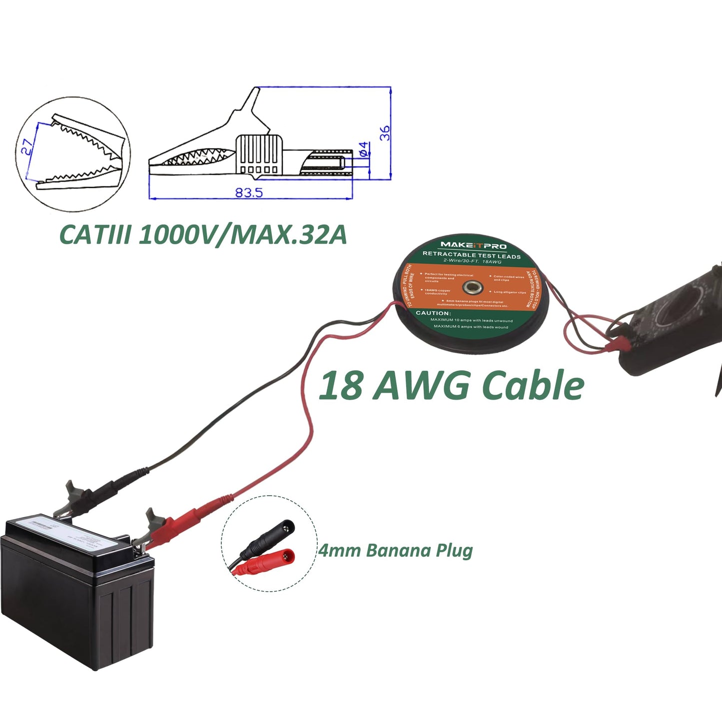MAKEITPRO 2 Wires 30FT 18AWG Retractable Test Leads with Cable Bag and Dual Ended Electrical Alligator Clips Test Probe Lead Wire Cables for Circuit Connection/Electrical Testing and Troubleshooting