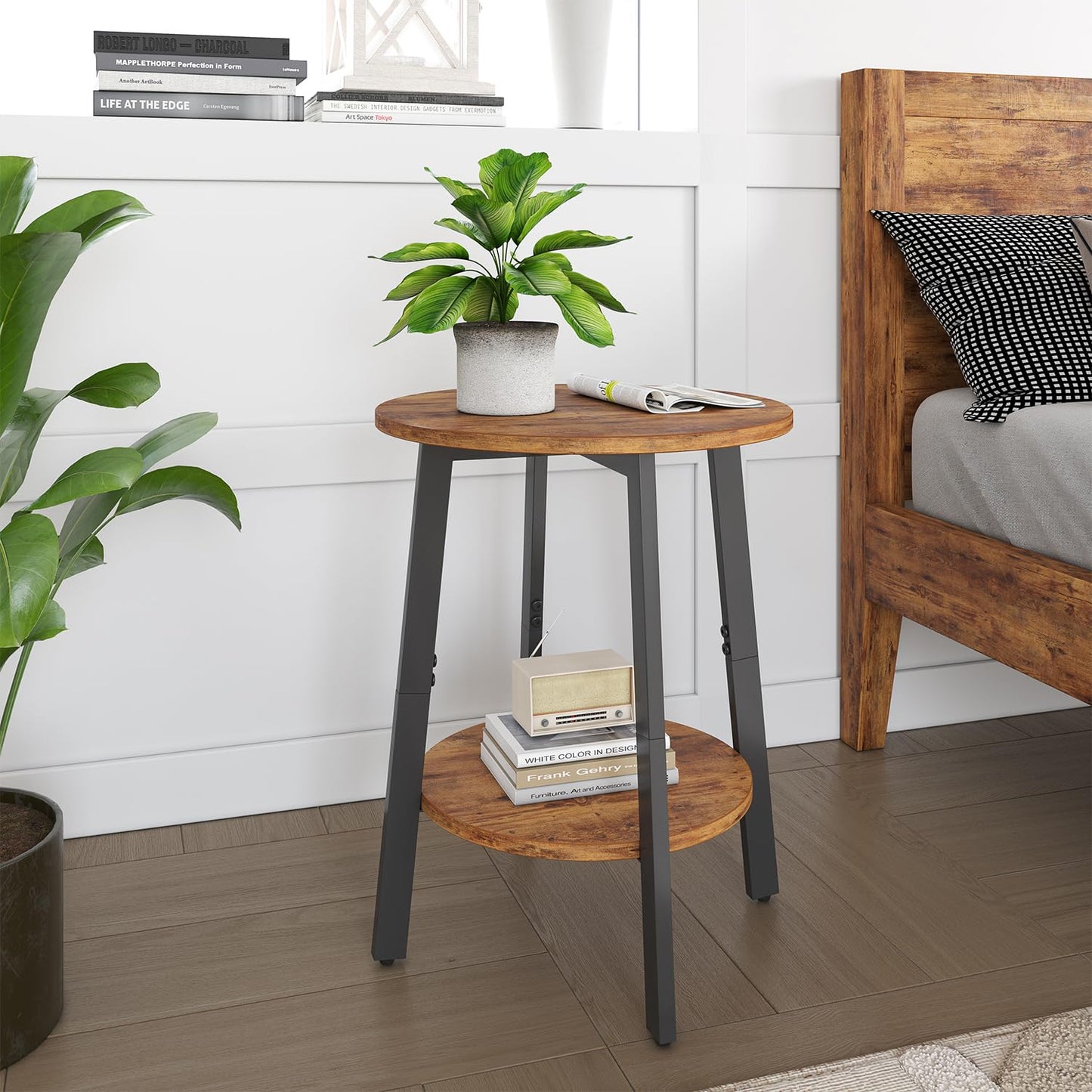 sthmec Side Table Set of 2, Small Round End Table with Storage Shelf for Small Space, 2-Tier Bedside Table Sofa Couch Table, Nighstands Set of 2 Accent Table for Living Room, Bedroom, Rustic Brown