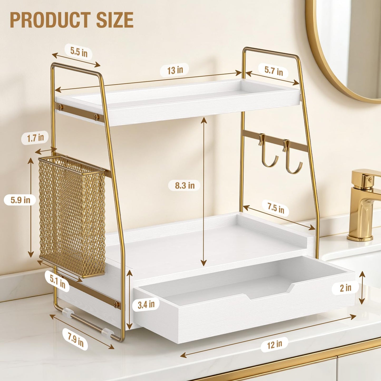 ROPALINS 2-Tier Bathroom Counter Organizer with Drawer and Removable Basket, Wood Vanity Countertop Storage for Perfume, Makeup, Skincare, Bathroom Counter Shelf, Moisture-Resistant, White Gold