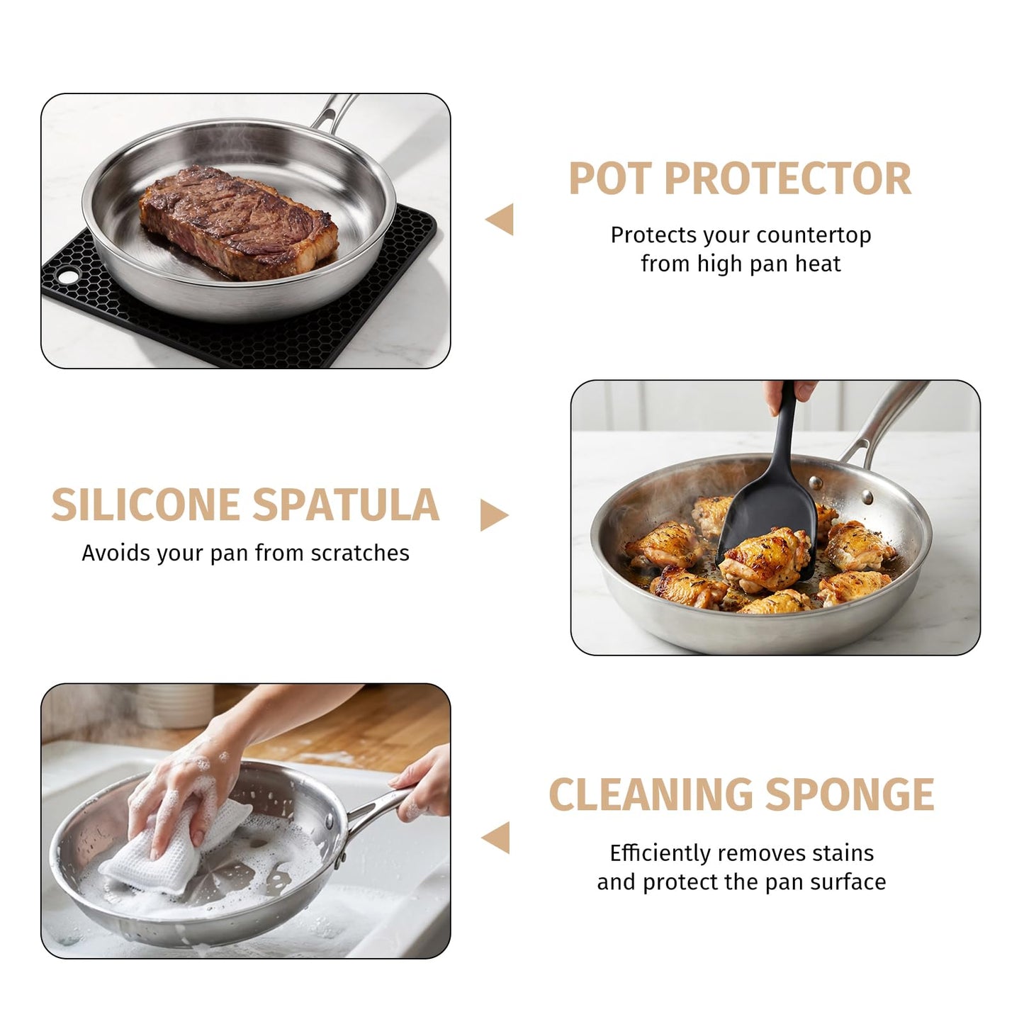 KEGDAN Tri-Ply Stainless Steel Frying Pan Set With Lids, 13pcs Stainless Steel Cookware Set with Detachable Handle, Induction Compatible Skillets for All Stovetops, Dishwasher and Oven Safe, Sliver