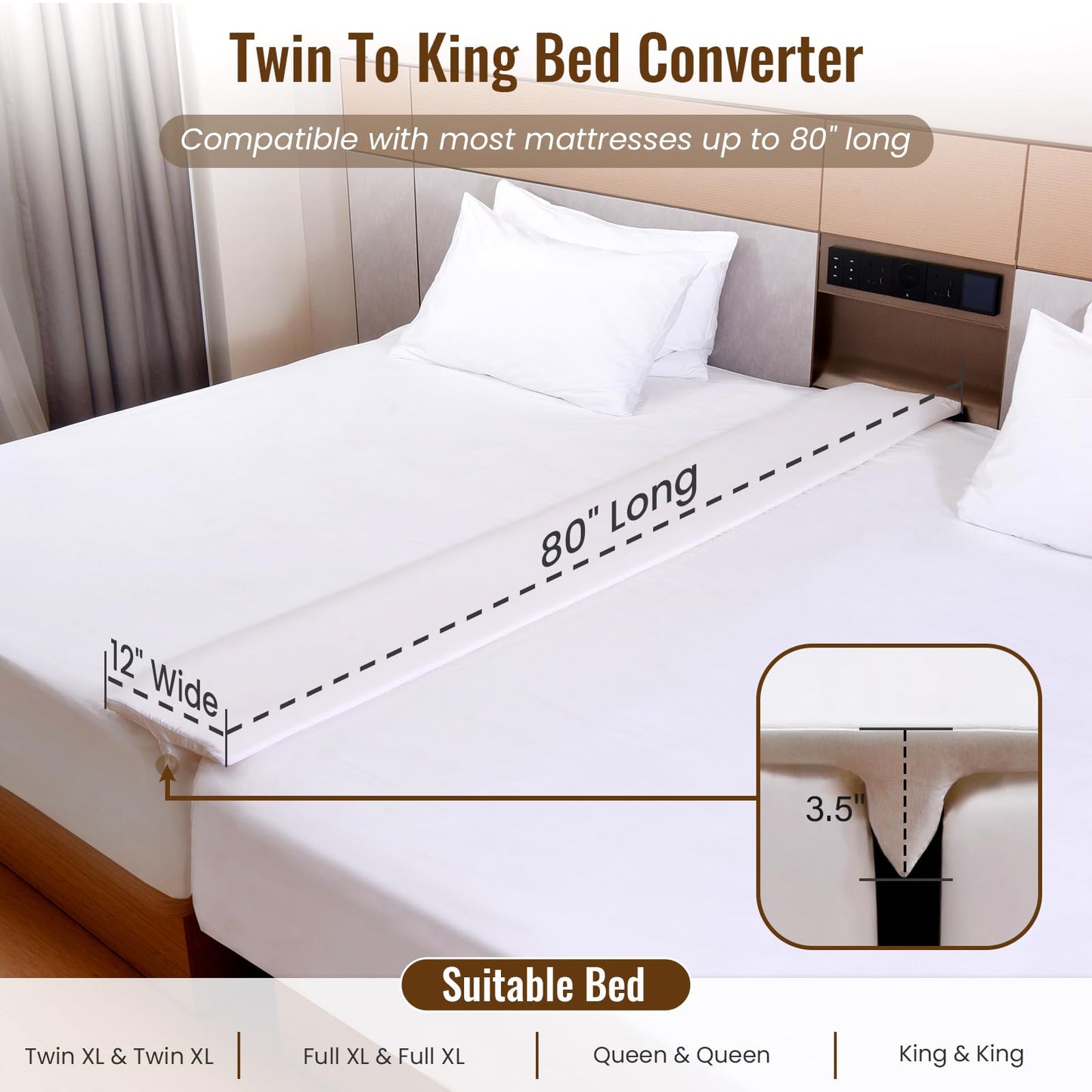 Vekkia 80 x 12 Extra-Wide & Thin Twin to King Converter- Split King Gap Filler (0-3") with Upgraded T-Shaped Design,Washable Cover, Fits Family Beds, Guest Room, Hotel & Vacation Rentals