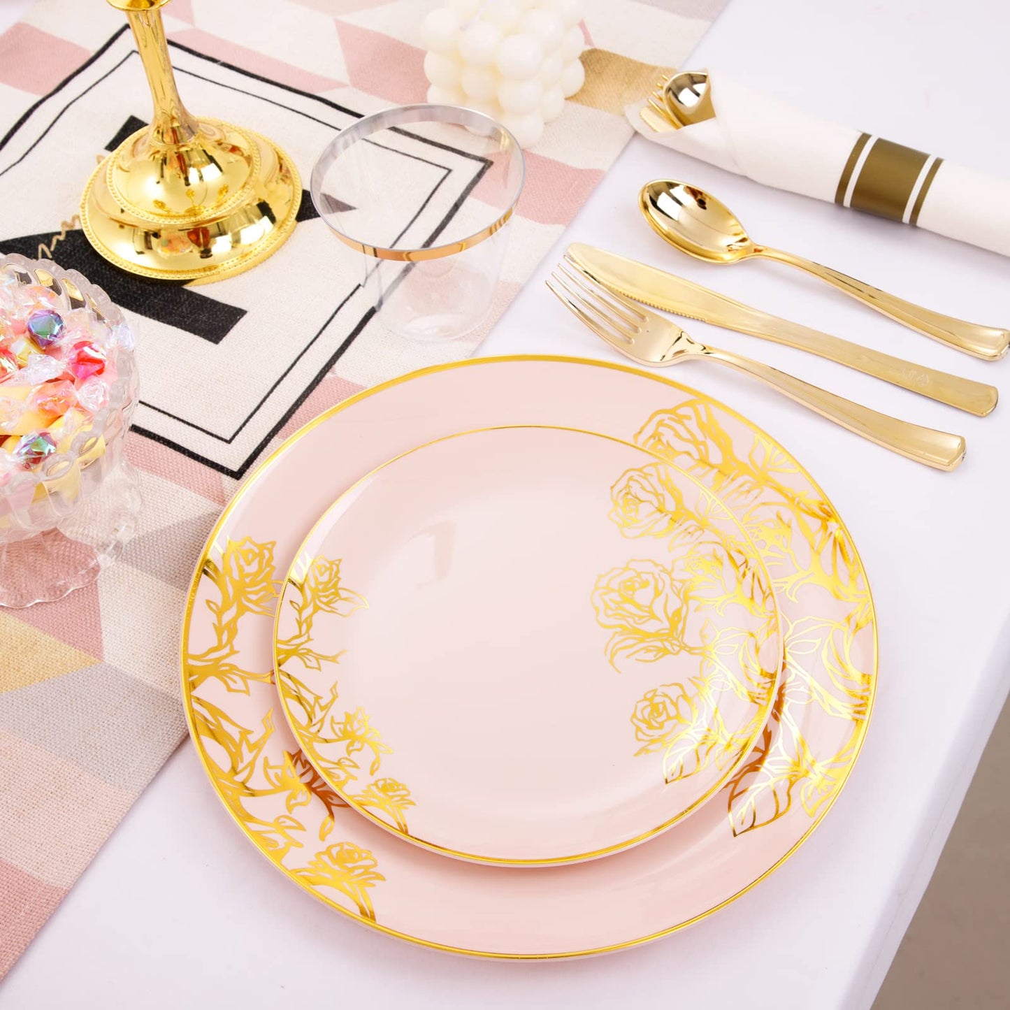 DaYammi 210Pcs Pink Plastic Plates,Pink Gold Floral Disposable Dinnerware Set-30 Dinner Plate,30 Salad plate,30 Per Rolled Napkins with Gold Cutlery,30 Cups,Fancy Party Plates for Wedding Party
