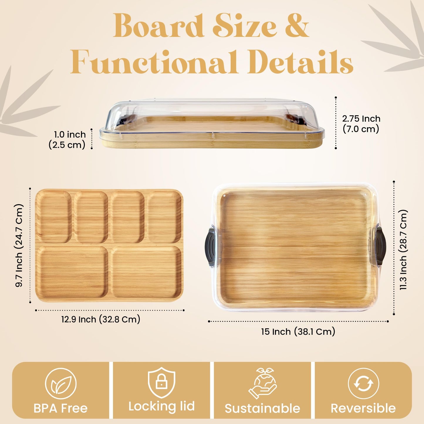 Dolce Casa Charcuterie Board with Lid 3-in-1, Portable Bamboo Serving Tray with Lid & Removable Snack Tray for Cheese, Fruit, Food - Covered Cheese Platter for Picnic, Travel, Ready-to-Gift