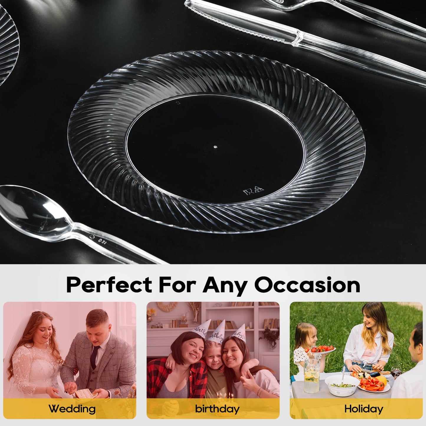FOCUSLINE 10 Inch Clear Plastic Plates, 100 Count Disposable Heavy Duty Dinner Plates, Premium Hard Plastic for Weddings, Parties & Events
