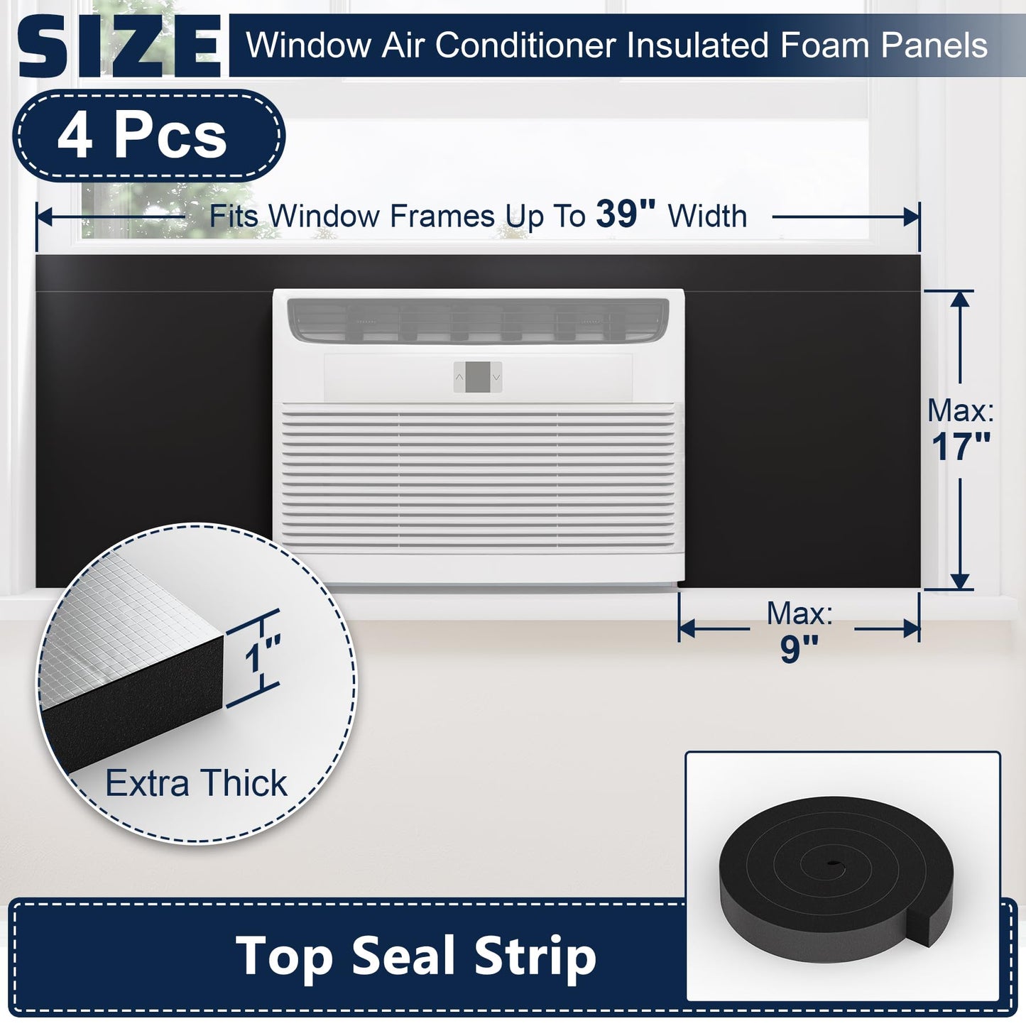 Pearwow 4 Pack Window Air Conditioner Side Panels,17" x 9" x 1" Insulated Foam Panels, Insulation AC Side Surround Panels Kit for Window AC Units,AC Window Seal Kit with Top Seal Strip