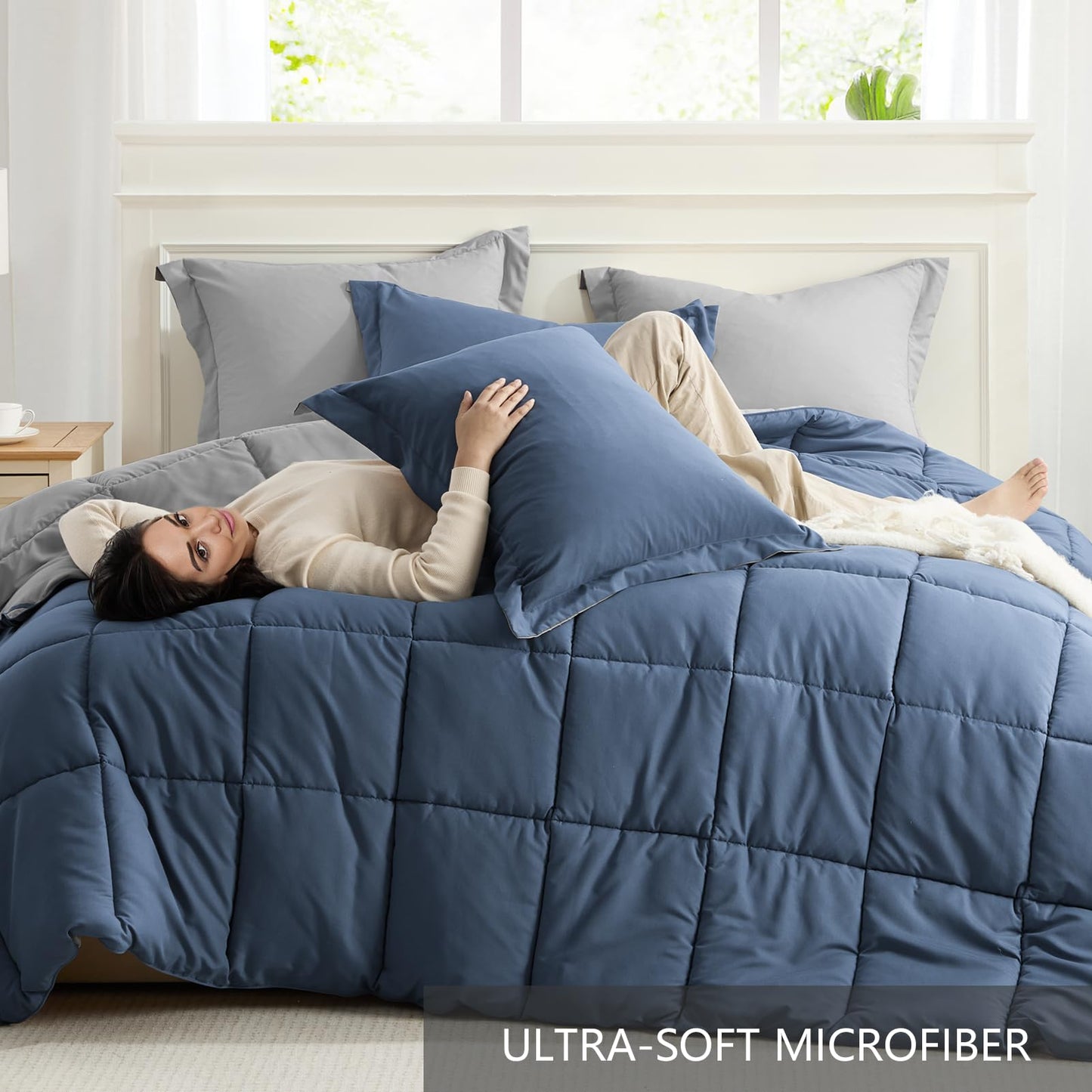 Homelike Moment Queen Comforter Set Blue, Comforters Queen Size Set Lightweight Reversible Down Alternative Bed Comforter Full Size Soft, All Season 3 Piece Sets Blue/Grey