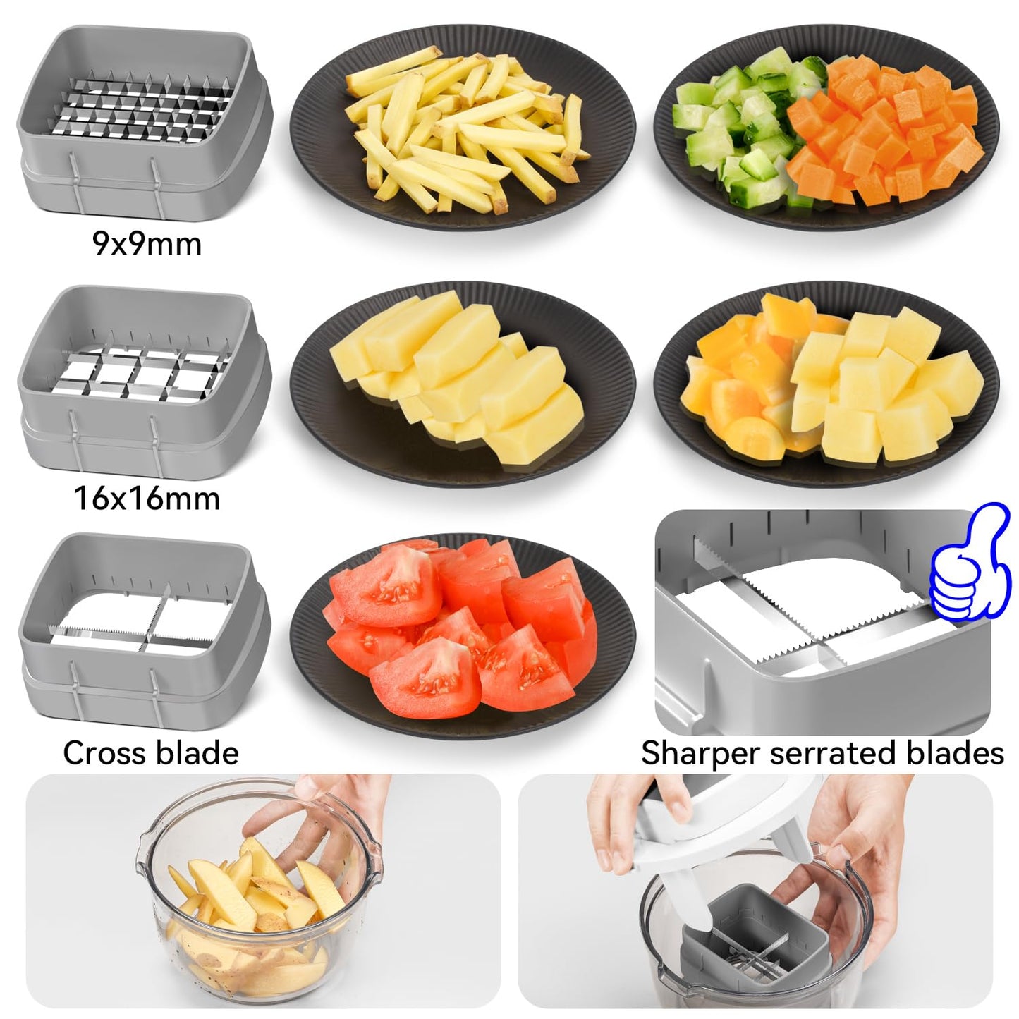 KEOUKE Multifunctional Vegetable Chopper Bowl White - 3 Interchangeable Blades Potato French Fry Cutter with Container & Storage Box Food Chopper Dicer for Cucumber, Tomato, Carrot, Onion