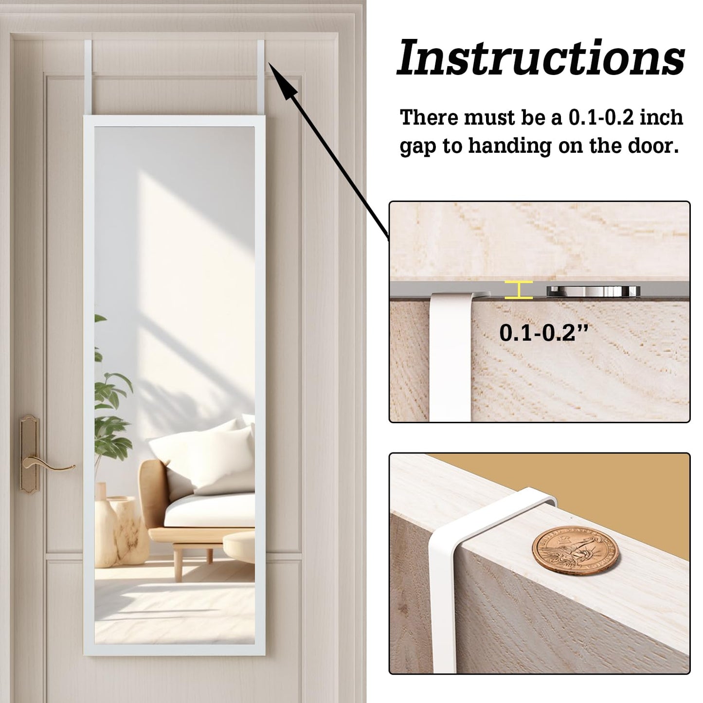 whitebeach 48" x 16" Over The Door Full Length Mirror Wall Mounted Hanging with 2 Metal Hangers for Bedroom Living Room Bathroom White