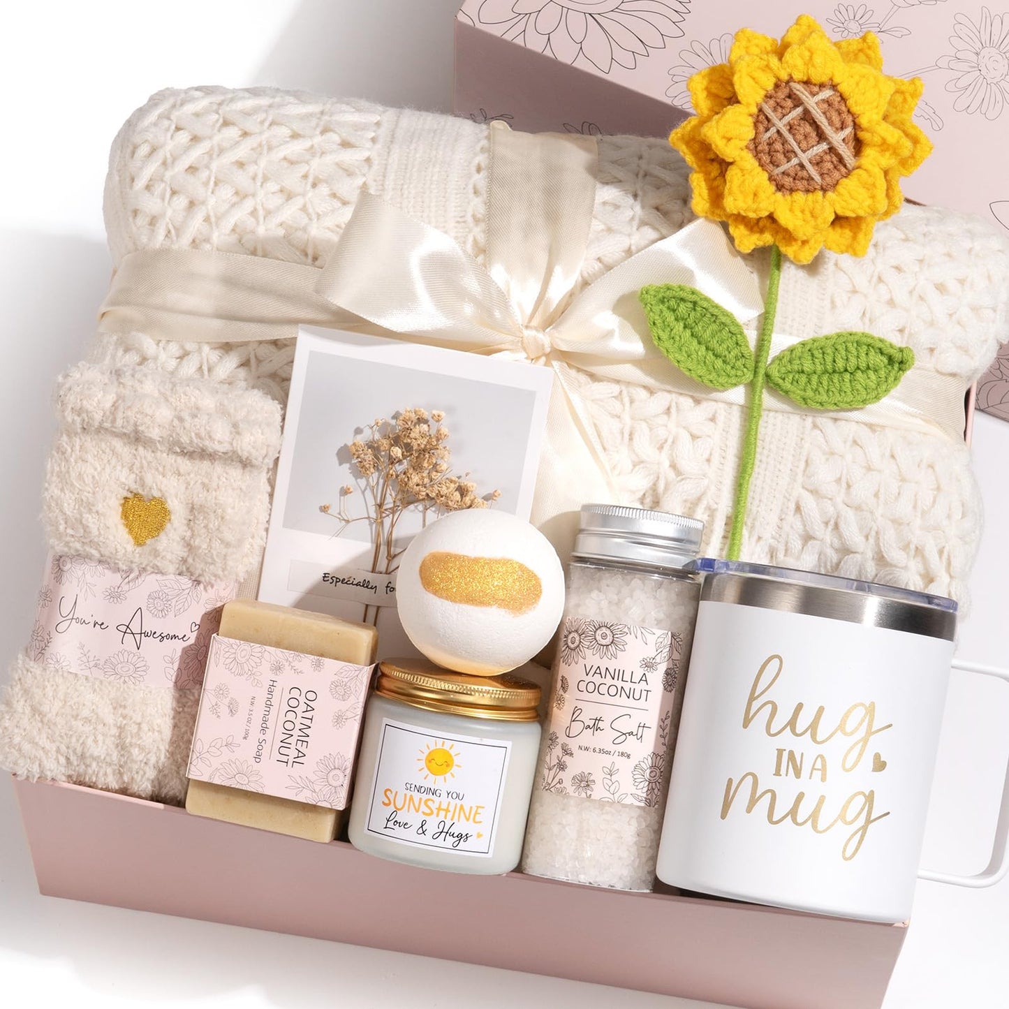 Birthday Gifts for Women Self Care Get Well Soon Gift Baskets, Spa Care Package Thinking of You Gifts, Sending Sunshine Box Unique Christmas Sunflower Gift for Women Mom Her Best Friends Sister Wife