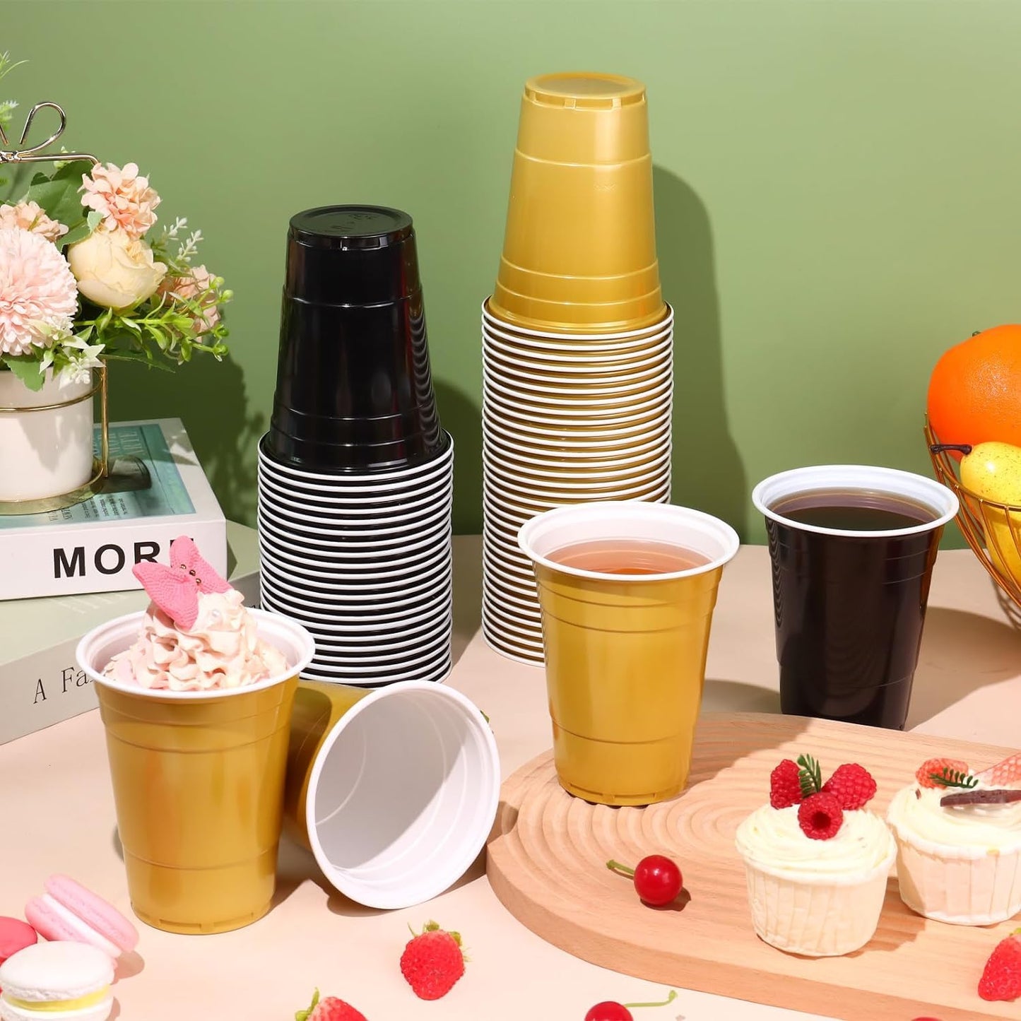 KesaPlan 100PCS 16 oz Plastic Cups Graduation Cups Black and Gold Cup Disposable Party Cups Bulk for Party Graduation Wedding Birthday Halloween Family Gatherings and Festive Celebrations