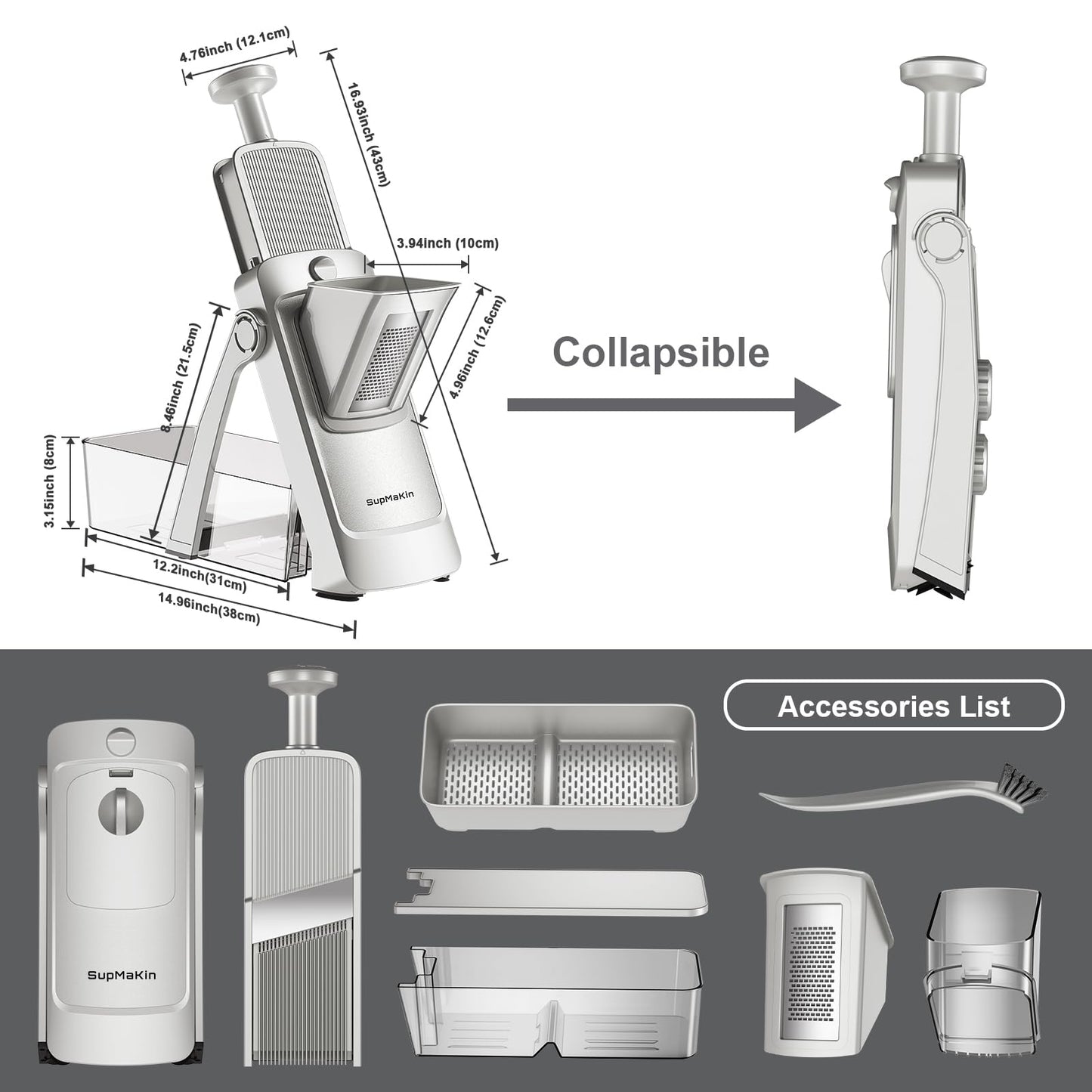SUPMAKIN Safe Mandoline Slicer, Adjustable Vegetable Food Slicer and Chopper, Potato Fries Fry Cutter, Veggie Salad Chopper, New Kitchen Chopping Artifact Gifts 2026 (SliverGray)