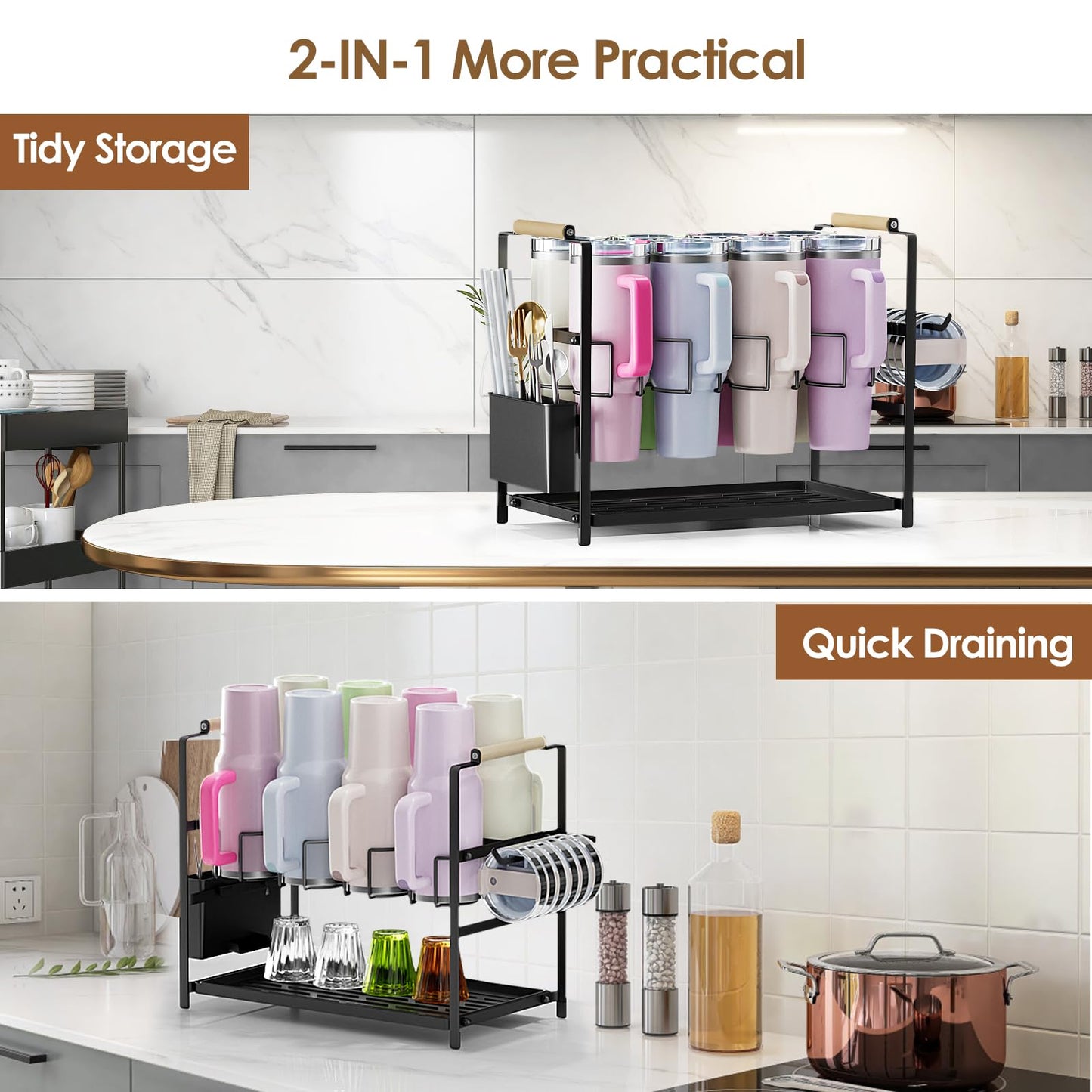 Housolution Water Bottle Organizer Drying Rack for 40 oz Tumbler with Handle, Multifunctional Cup Storage Holder Compatible with Stanley, Owala, Simple Modern and Other Brands, 8 Slots (Patented)