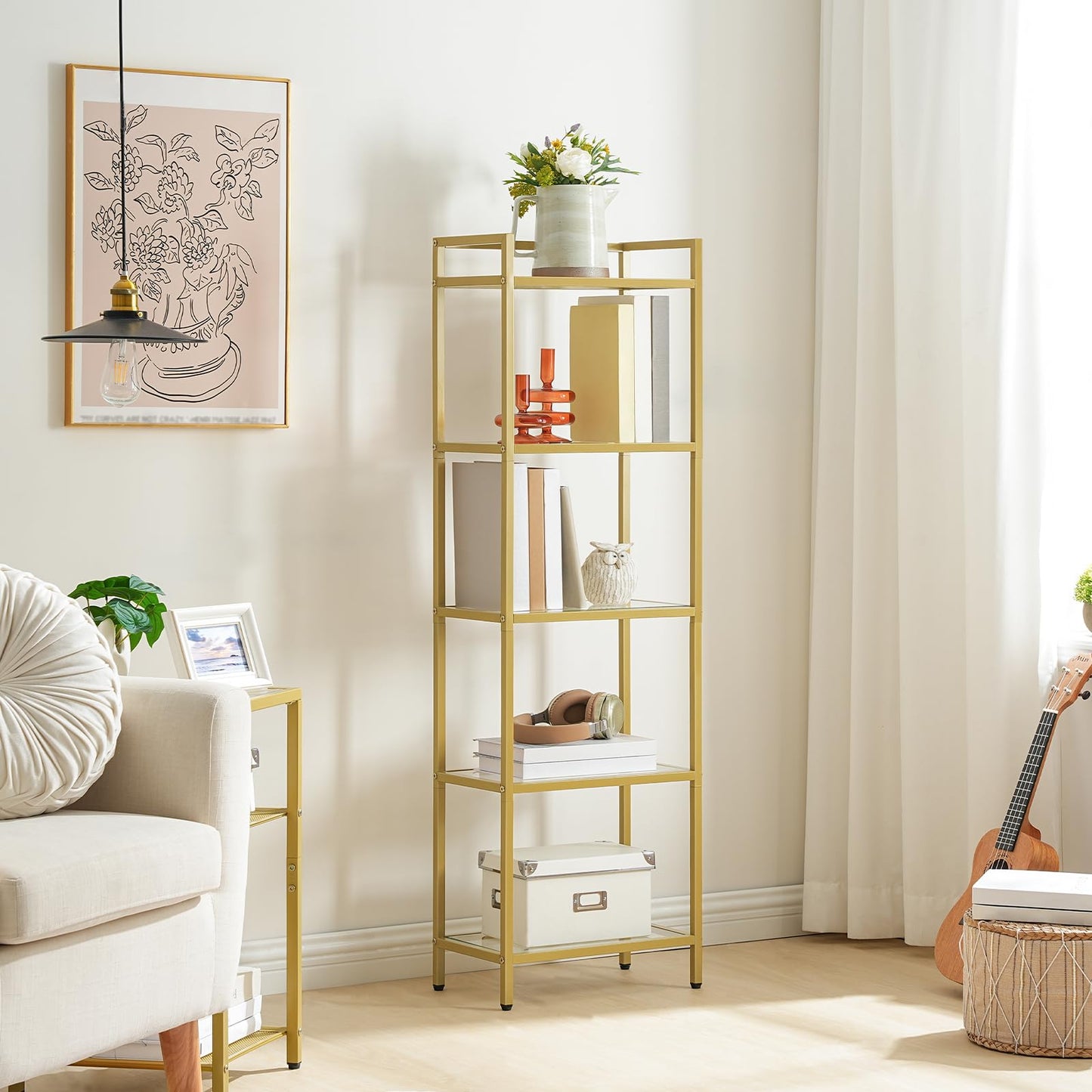 HOOBRO 5-Tier Gold Shelf, Narrow Book Shelf, Display Cabinet with Glass Bookcase, Corner Shelf Storage for Small Spaces, for Home Office, Living Room, Bedroom, Gold GD45SJ01