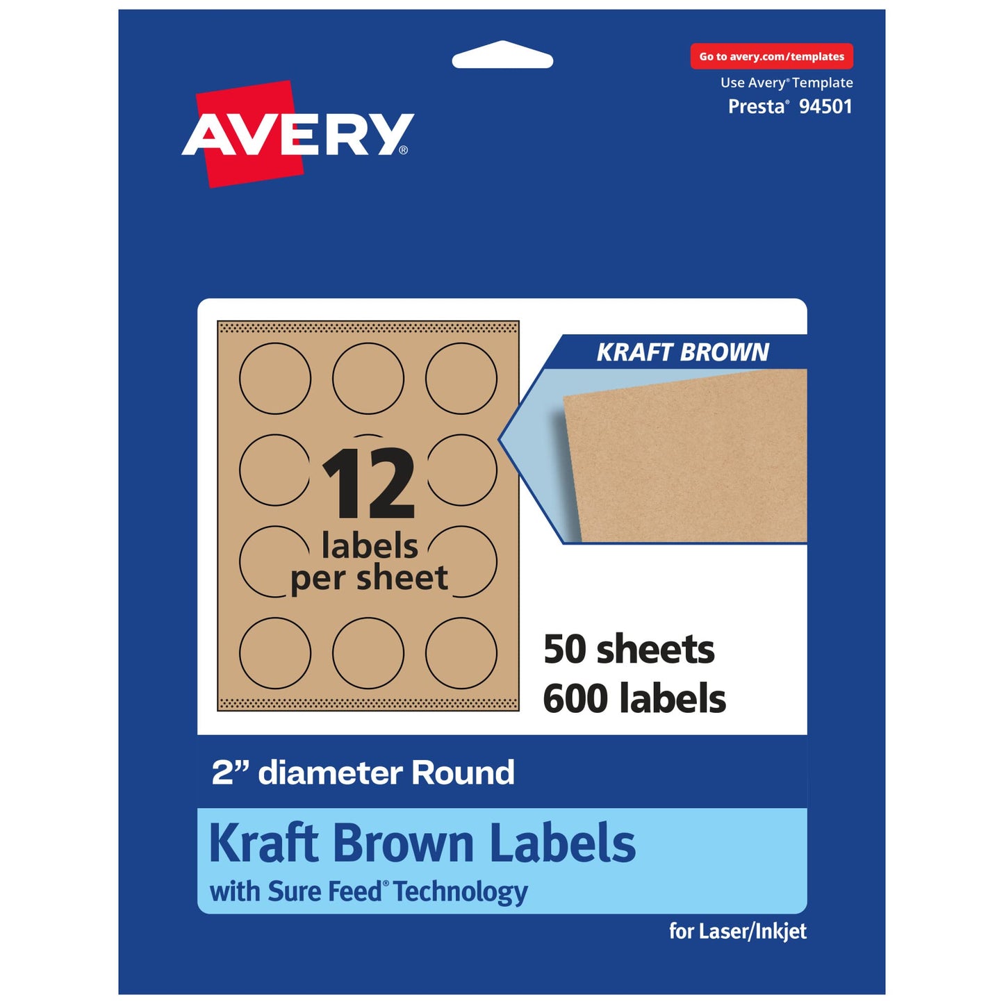 Avery Kraft Brown Round Labels, Sure Feed Technology, 2" Diameter, 600 Kraft Brown Labels, Print-to-The-Edge, Laser/Inkjet Printable
