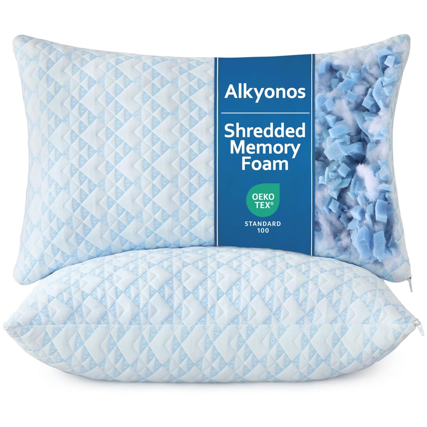 Alkyonos Shredded Memory Foam Pillows for Sleeping, Adjustable Firm Pillow for Side, Back and Stomach Sleepers, Very Soft ＆ Warm for Winter ＆ Spring, Queen Size Set of 2