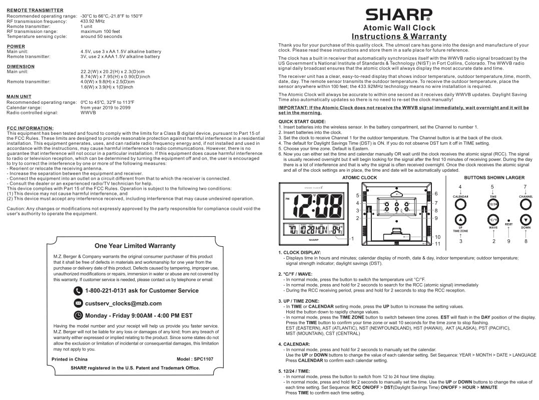 Sharp Atomic Clock – Never Needs Setting, Jumbo 3” Easy-Read Display, Indoor & Outdoor Temperature with Wireless Sensor, Large Digital Wall or Desk Clock, Battery Operated, Auto Atomic Time Sync