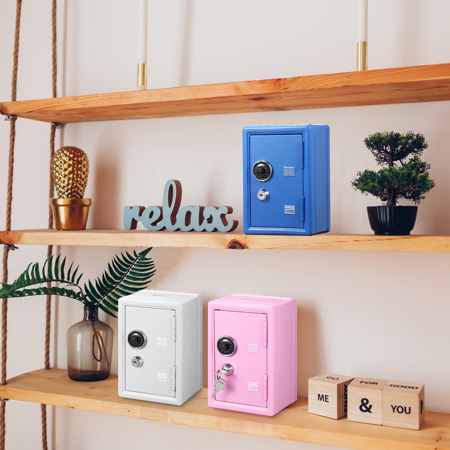 Zonon 3 Pcs Mini Safe Piggy Bank for Kids, Metal Locker Toy Safe Box for Boys Girls Money Cash Coin, Steel Money Saving Box with Lock 2 Keys Coin Tray 7. 1"x 4. 7"x 3. 9"(Blue, Pink, Ivory White)