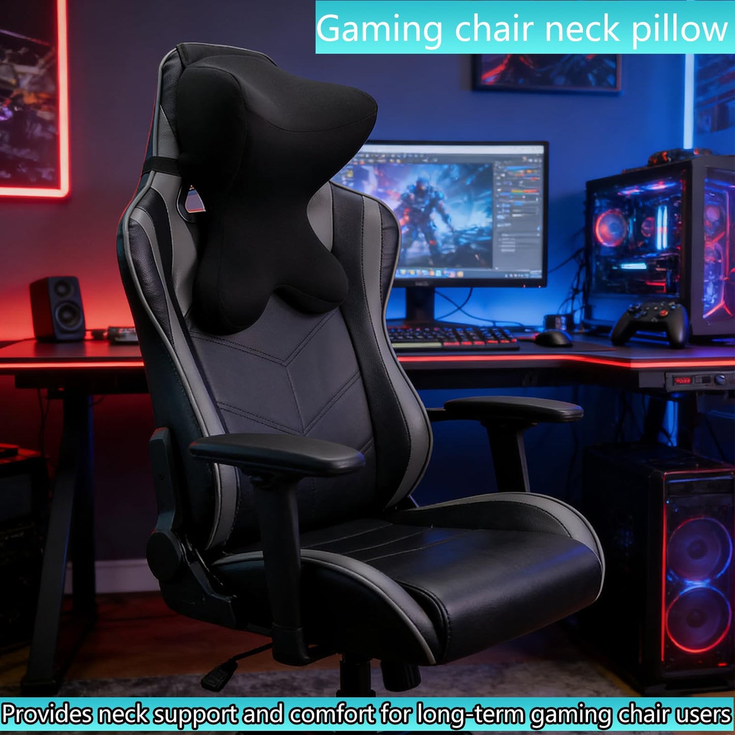 Newsty Car Neck Pillow for Driving Seat Car headrest Pillow/Gaming Chair Pillow with Adjustable Strap Removable Cover Ergonomic Design Neck Support Pillow for auto, Office Chair, Gaming Chair(Black)