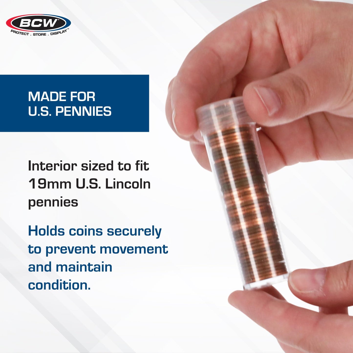 BCW Coin Tubes for US Pennies - 50ct | Holds Lincoln Penny | Durable Plastic Tube Holders | Collecting Supplies