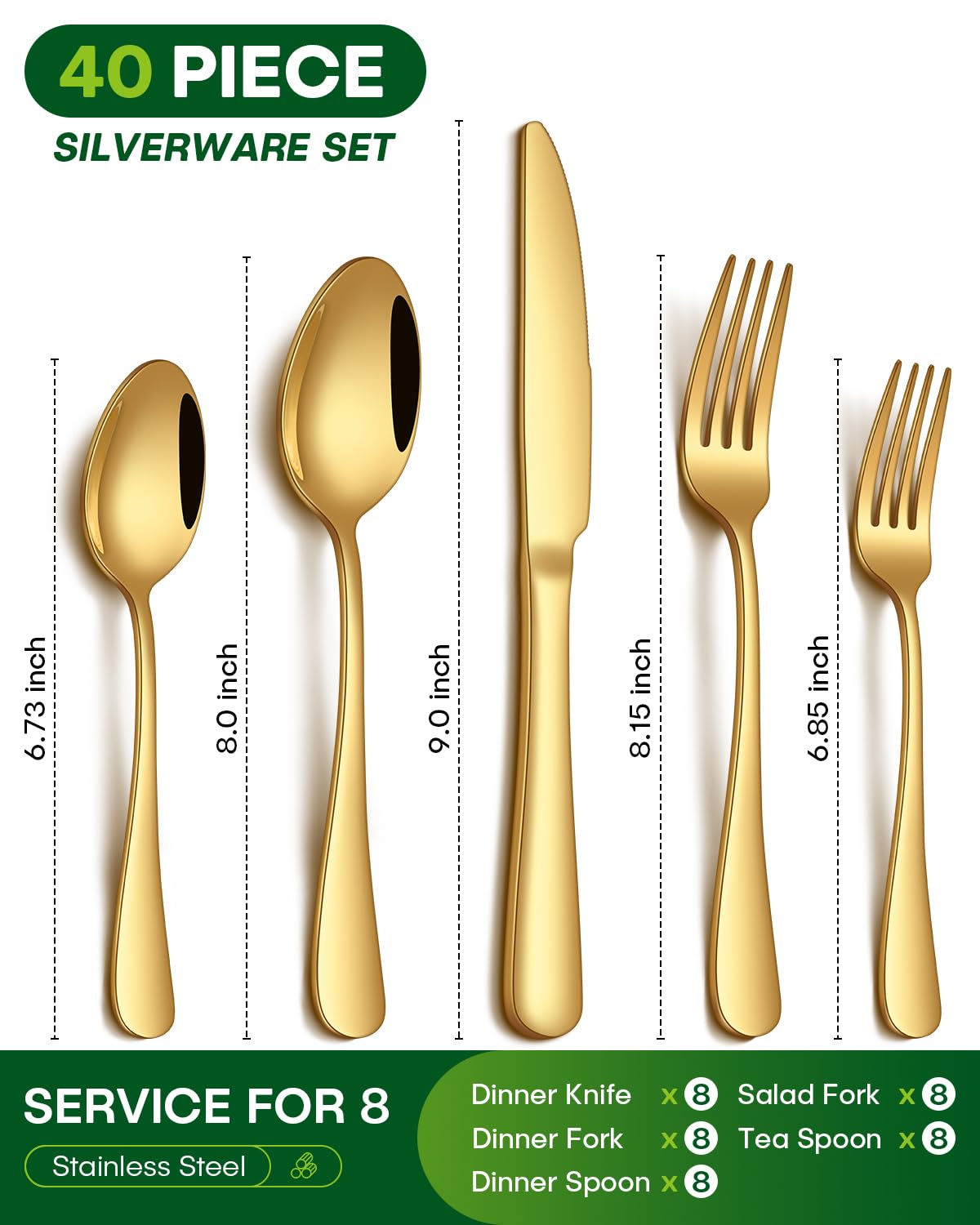 PHILIPALA 40 Piece Gold Silverware Set, Stainless Steel Flatware Set for 8 Food Grade Cutlery Utensil Set Include Knife Fork Spoon Mirror Polished Dishwasher Safe