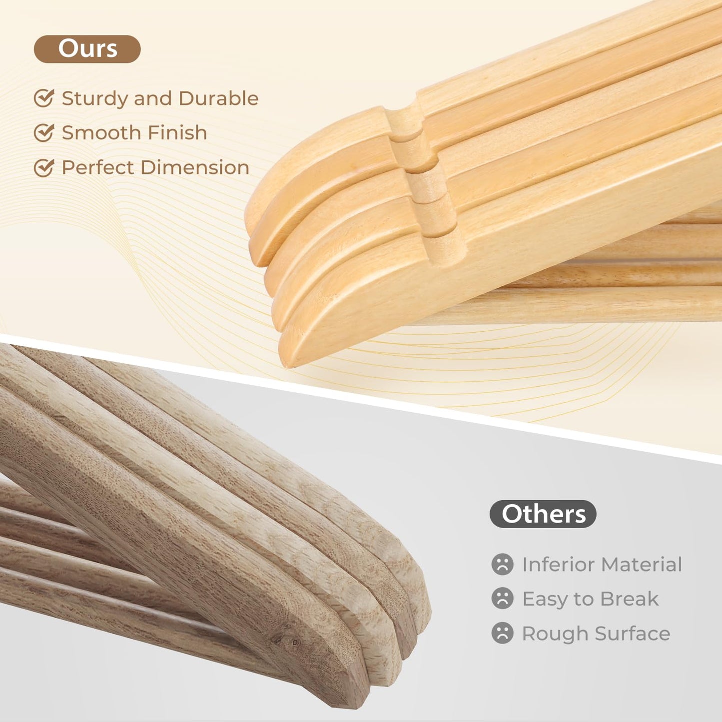 Liyarya 50 Pcs Wooden Hangers, Smooth Finish Wood Hangers with Non-Slip Shoulder Notches, 360° Swivel Hooks, Heavy Duty Clothing Rack for Coats, Suits, Jackets, Shirts - Natural