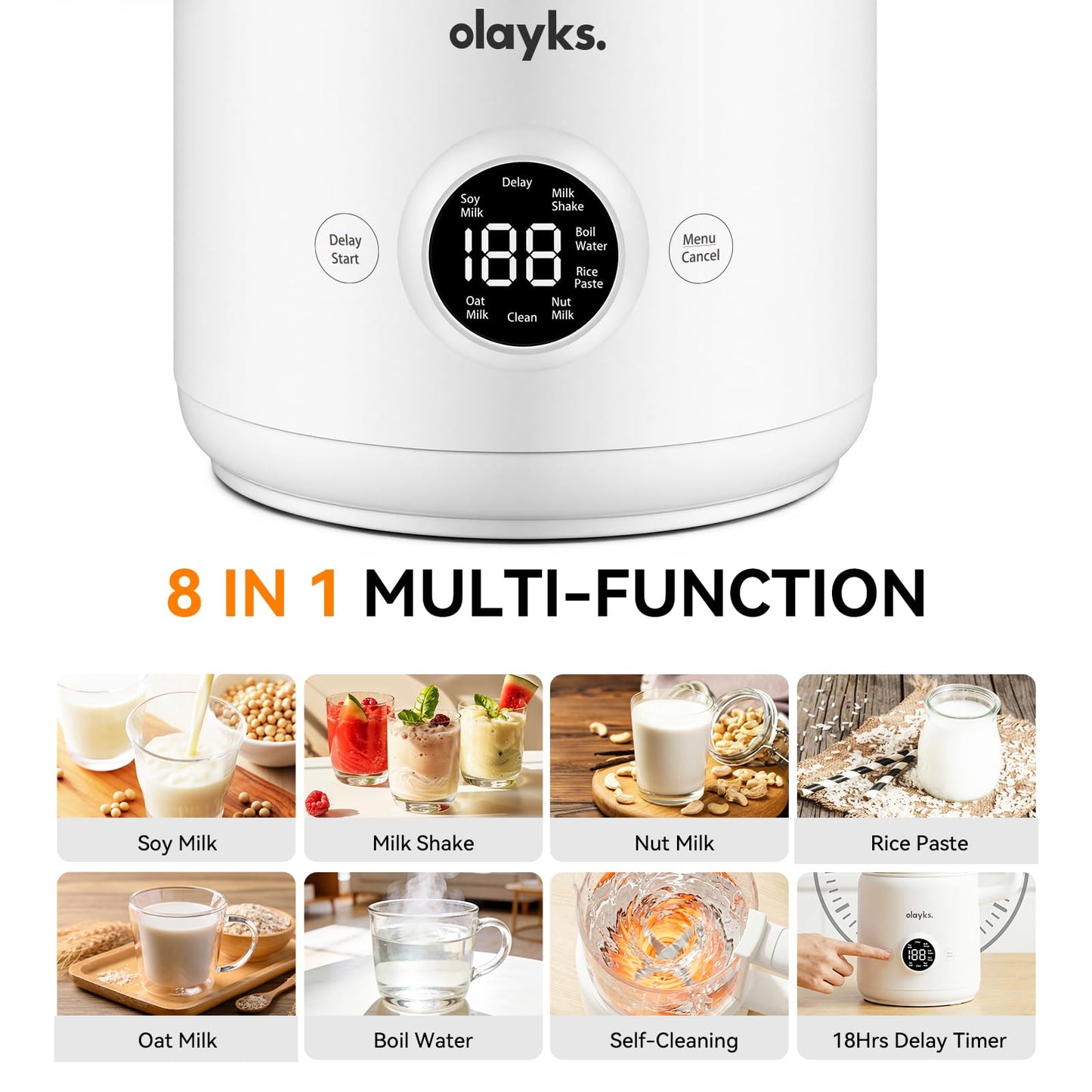 Olayks Nut Milk Maker Machine, 8 in 1 Automatic Soy Milk Maker with 12 Blades, Self-Cleaning, 18 Hours Delay Start for Homemade Oat, Almond Milk, Plant Based Milk, Boil Water, 20Oz