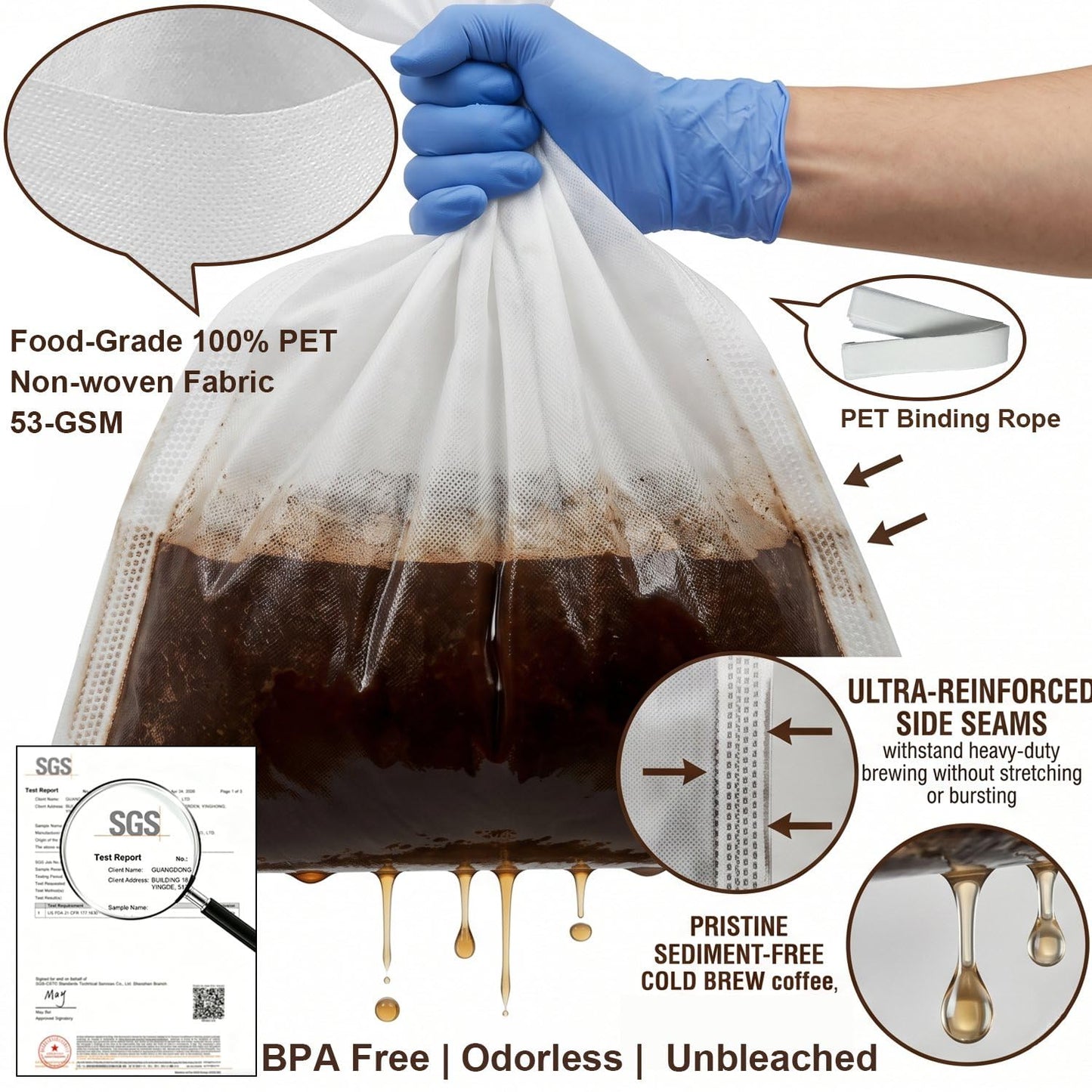 Large Commercial Cold Brew Filter Bags - 20"x20" 50-Pack | Zero‑Leak 24H & 30% Thicker PET Safe up to 300°F - Traps 99% Fine Grounds for Smooth & Clean Coffee - Holds 5 LBS for 5-Gallon Bucket