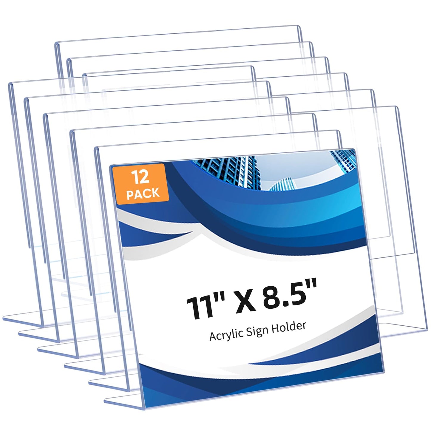 12 Pack L Shape Slanted Back 11x8.5 Plastic Sign Holders with Anti-Slip Pads, Business & Store Acrylic Tabletop Display Stand for Flyers, Menus, Documents, Price, Wedding, Party Decoration