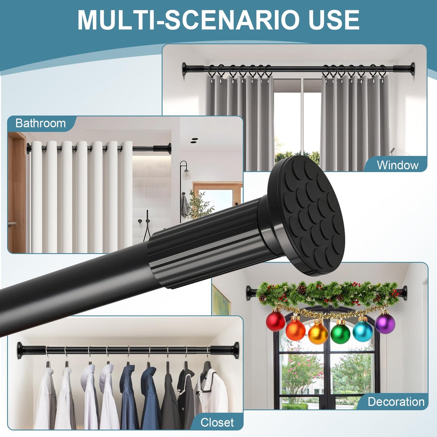 ZOCONE Tension Curtain Rod 51-168 In(4.25-14 Ft), Outdoor Curtain Rod No Drilling for Patio Window, Adjustable Shower Curtain Rod for Bathroom, Extra Long Tension Rod Diameter 1.26In Never Rust, Black