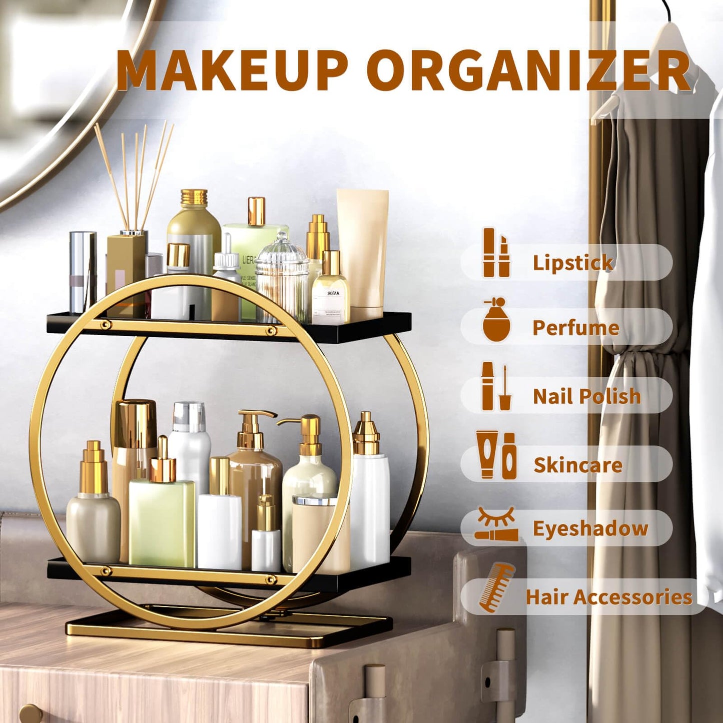 YIWANFW Makeup Organizer for Vanity, Black Gold Perfume Organizer for Dresser, 2-Tier Bathroom Countertop Organizers, Bathroom Counter Shelf Skincare Holder Perfume Tray Cosmetic Display