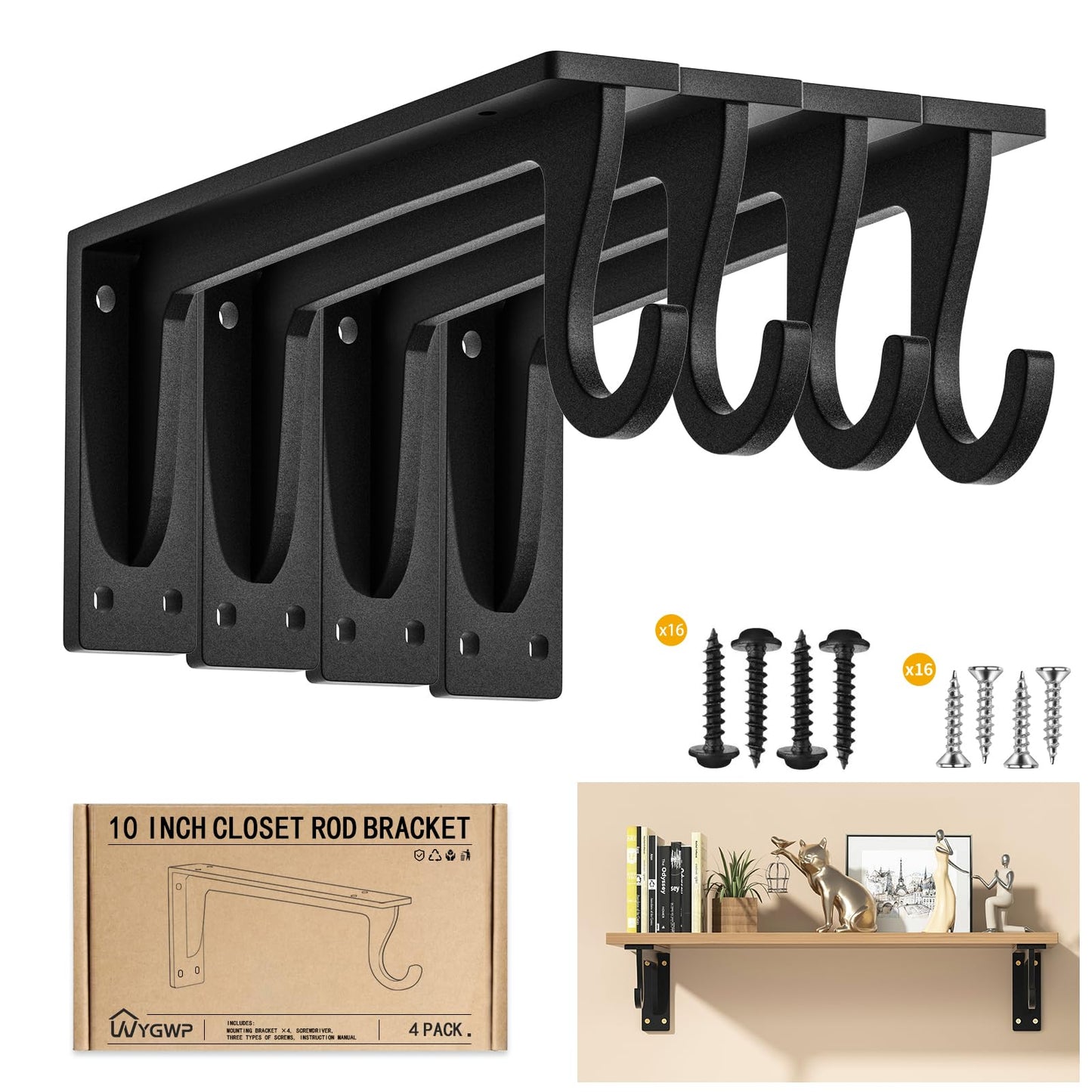 Closet Rod Brackets Heavy Duty Support 400 lbs WYGWP 10 inch Wall Mounted Closet Shelf Brackets with Rod Holder for Closet, Bathroom and Kitchen (4pack Black)