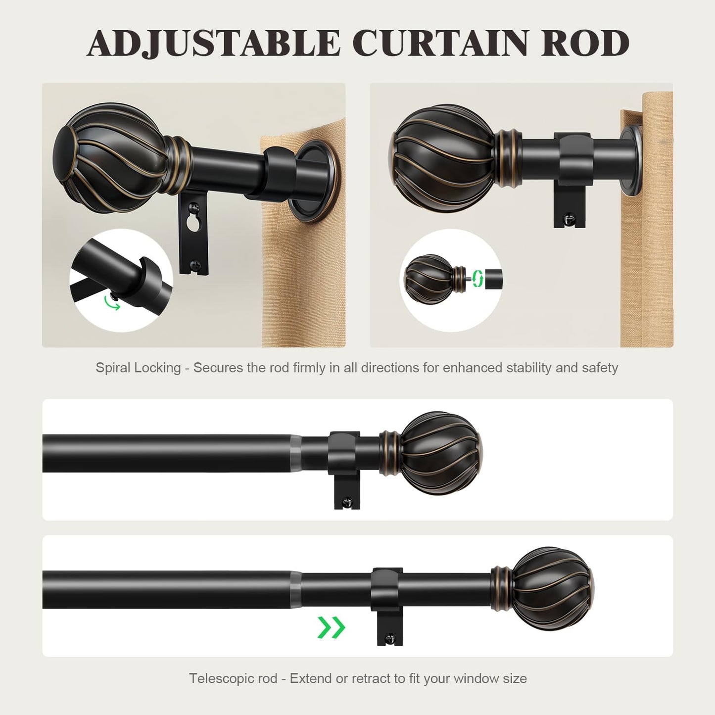 Oneach Black Curtain Rods for Windows 72 to 144 Inch, 7/8" Adjustable Heavy Duty Decorative Drapery Rods with Round Netted Texture Finials (Pack of 1, 36 to 150 Inch)