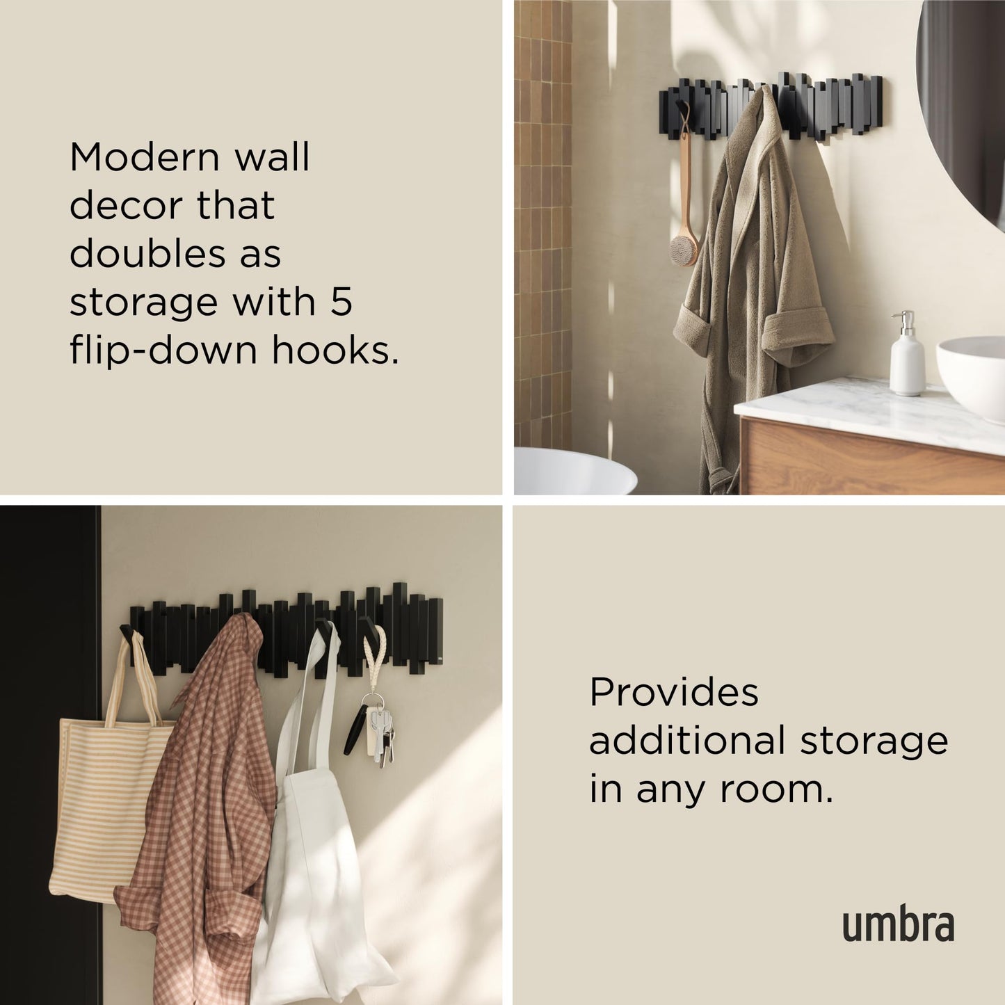 Umbra Sticks Wall-Mounted Coat Rack Rail Hook with 8 Retractable Pegs – Modern, Space-Saving Storage Organizer, Black