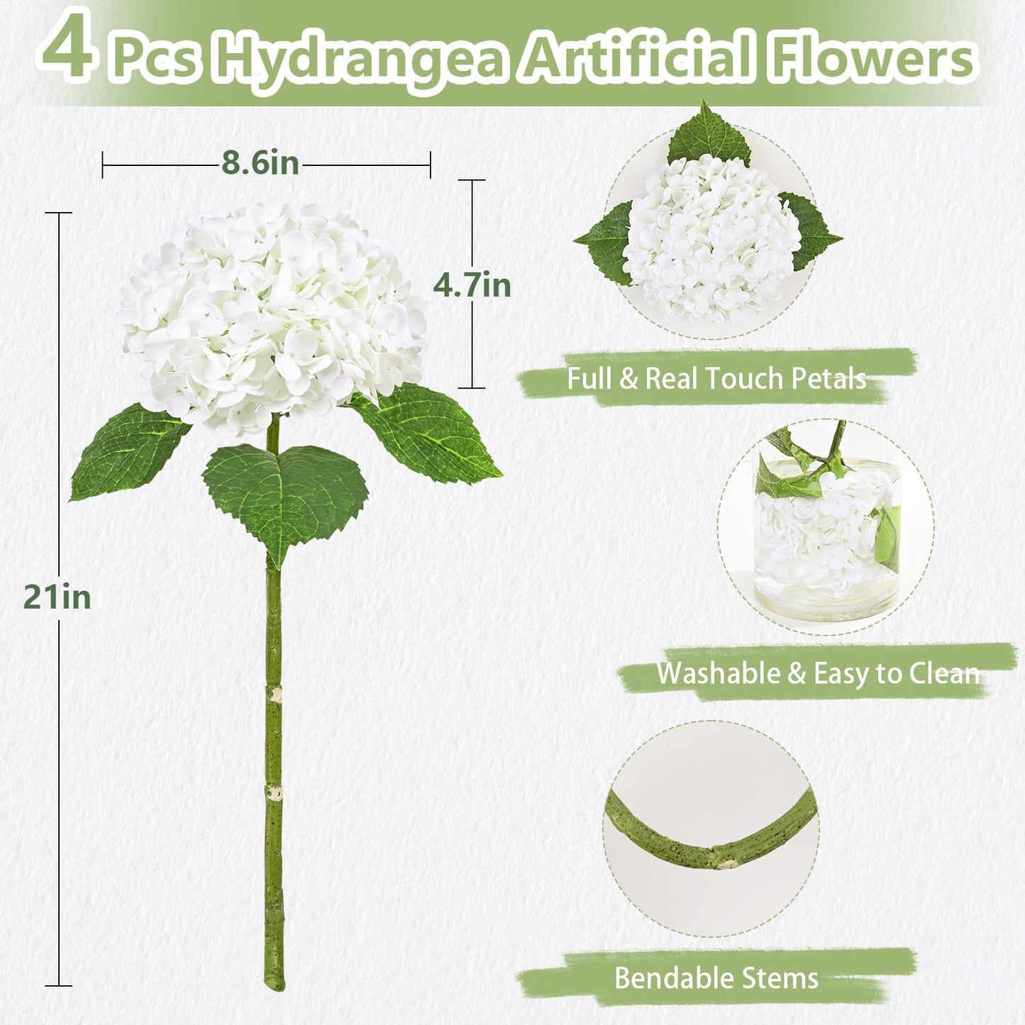 Yastouay 4 Pcs Real Touch Hydrangea Artificial Flowers, 21" White Full Faux Hydrangea Flowers Latex Fake Flowers for Home Decor Party Floral Arrangements Wedding Bouquets Centerpieces Outdoor Decor