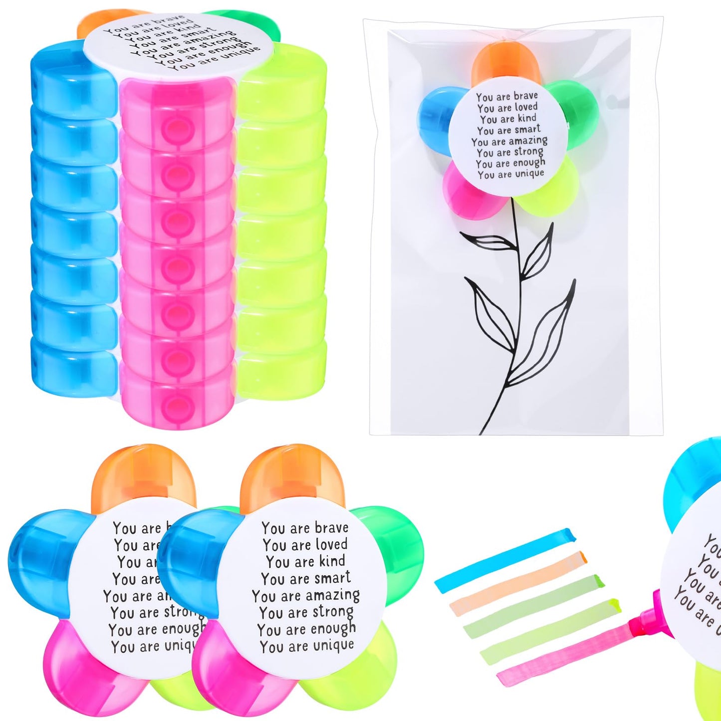 AmazingSpark 24 Sets Petals Flower Highlighters Gifts 5 in 1 Fluorescent Pens with Motivational Cards Gift Bags for Graduation (Brave)