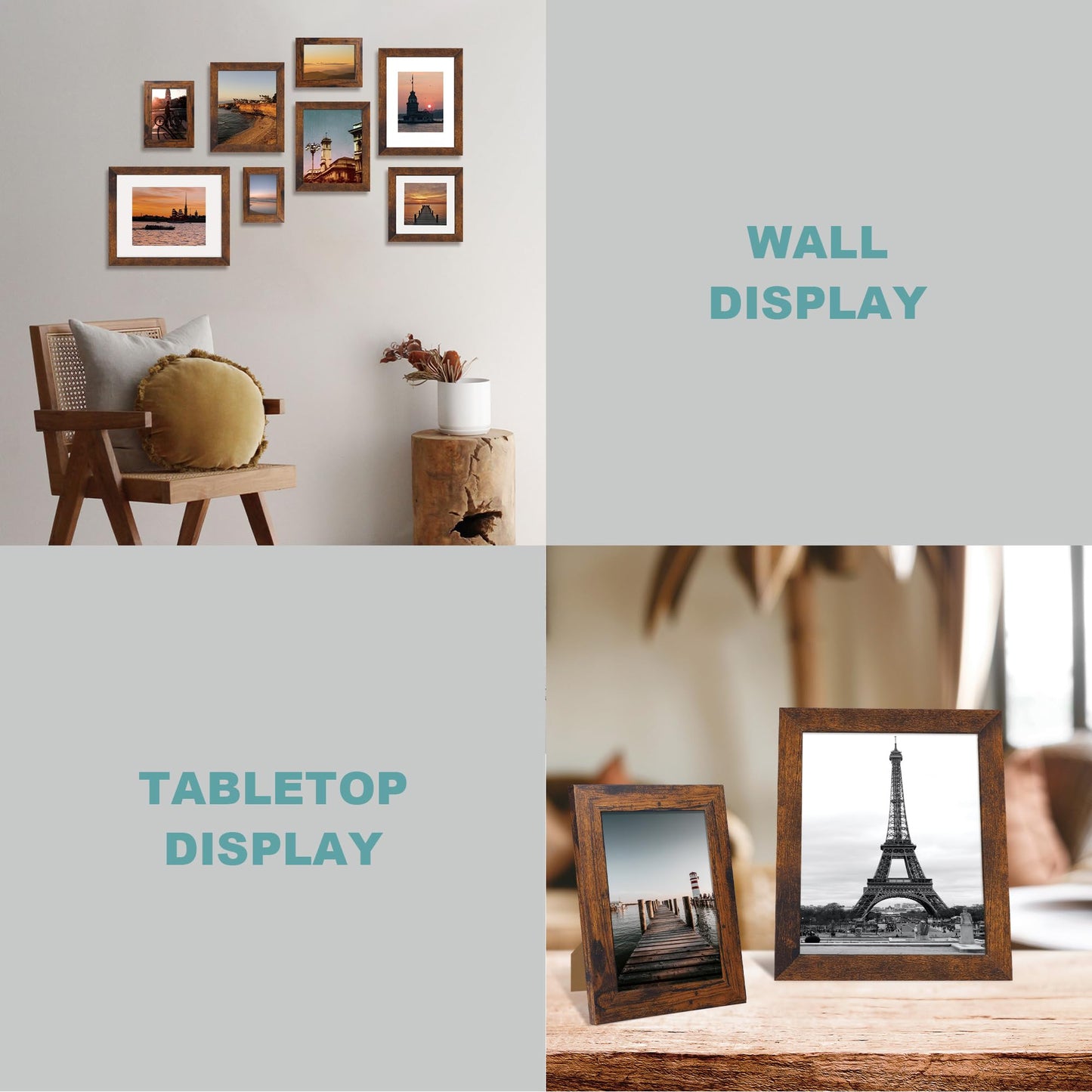 iRahmen 8.5x11 Picture Frame Set of 4, High Definition Real Glass Rustic Frame, Wood Photo Frames 8.5 by 11 Diploma Document for Wall Hanging and Tabletop Display