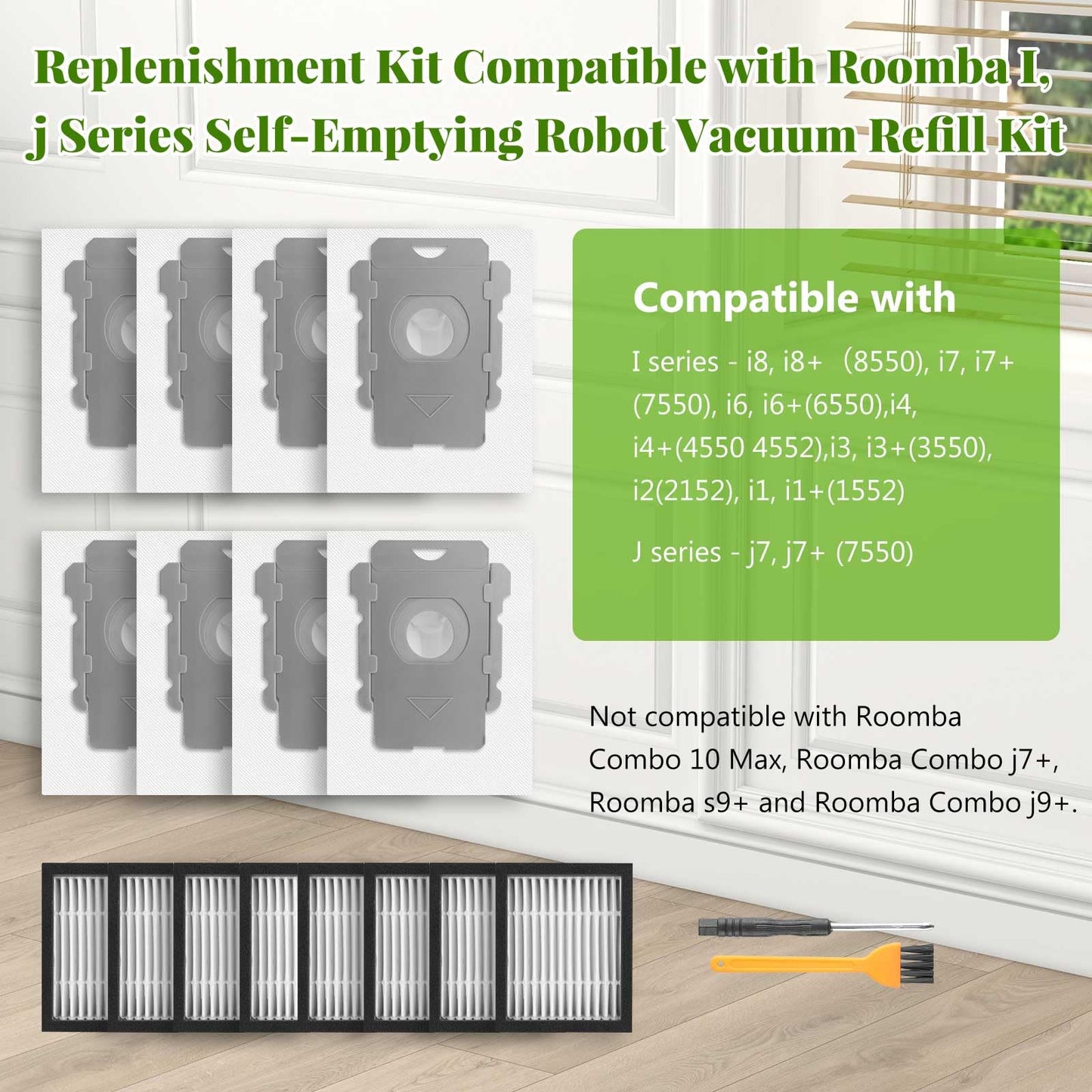 Aomiduo Replacement Parts for iRobot Roomba i2 i3 i3+ i4 i4+ i6 i6+ i7 i7+ i8 i8+/Plus E5 E6 E7, Robot Vacuum Accessories, 2 Set Roller Brush 8 Filters 8 Side Brushes 8 Vacuum Bags