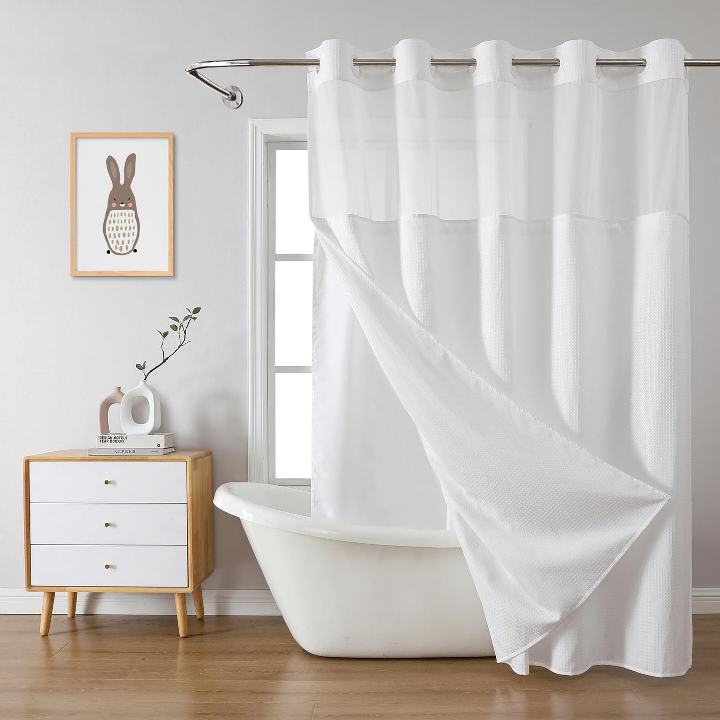 eachope White No Hook Waffle Weave Shower Curtain with snap-in Liner Replacement, 230GSM Waterproof Fabric Hotel Shower Curtain Set for Bathroom, Through Mesh Top Window,71Wx74H